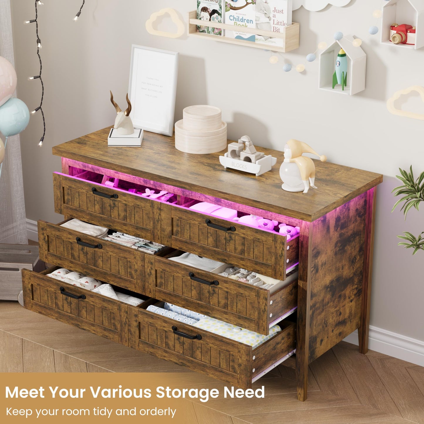 Garvee 6 Drawer Dresser with Power Outlet & LED Lights, Rustic Brown