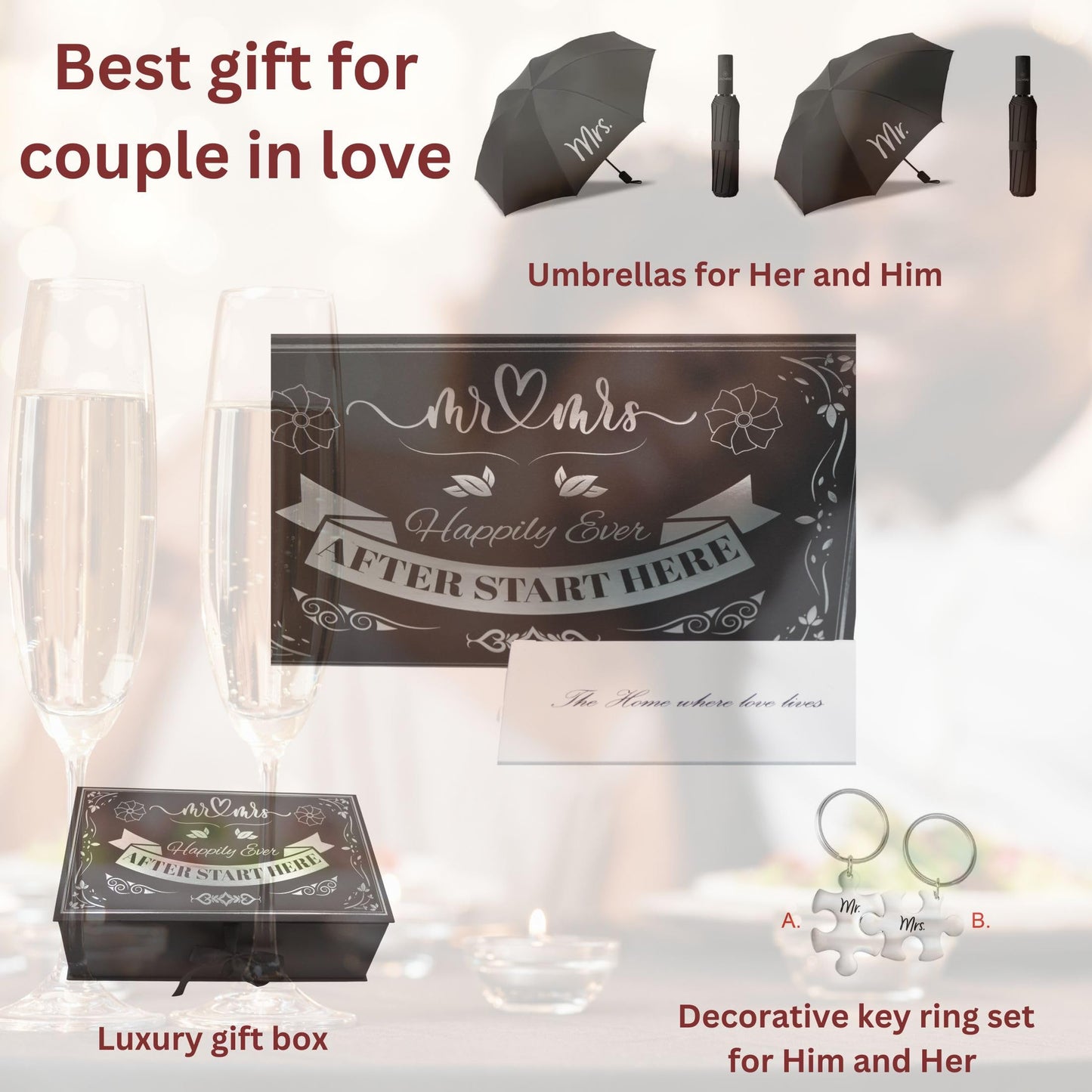 CLOVERIZ Wedding Gift Set – Mr & Mrs Key Holder with Umbrellas & Keychains – Unique Couple Housewarming Present