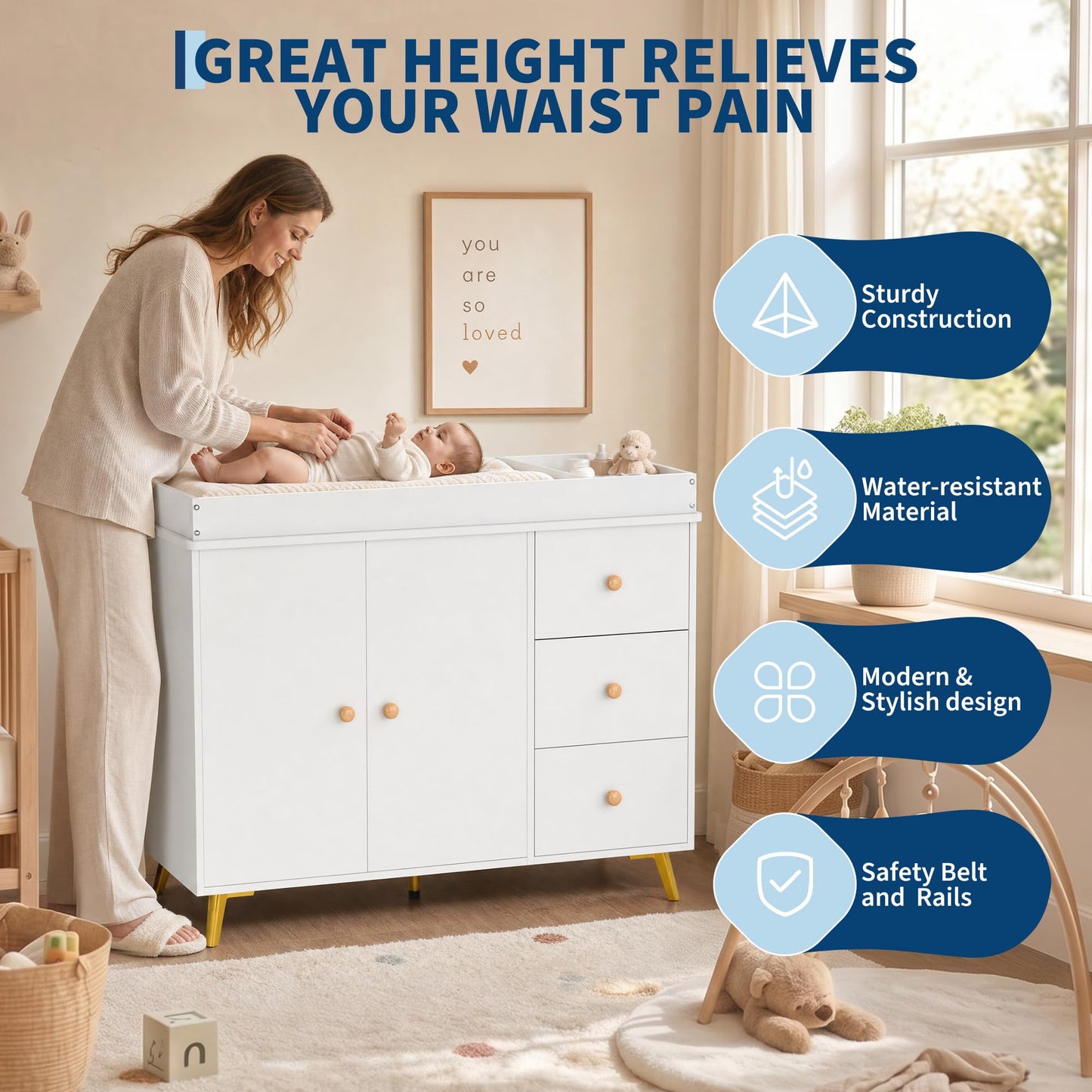 Garvee Baby Changing Table, White Wooden Dresser with 3 Drawers and Cabinet