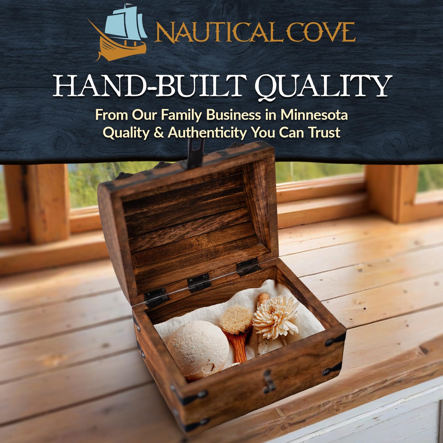 Nautical Cove Wooden Pirate Treasure Chest with Lock & Skeleton Key Small