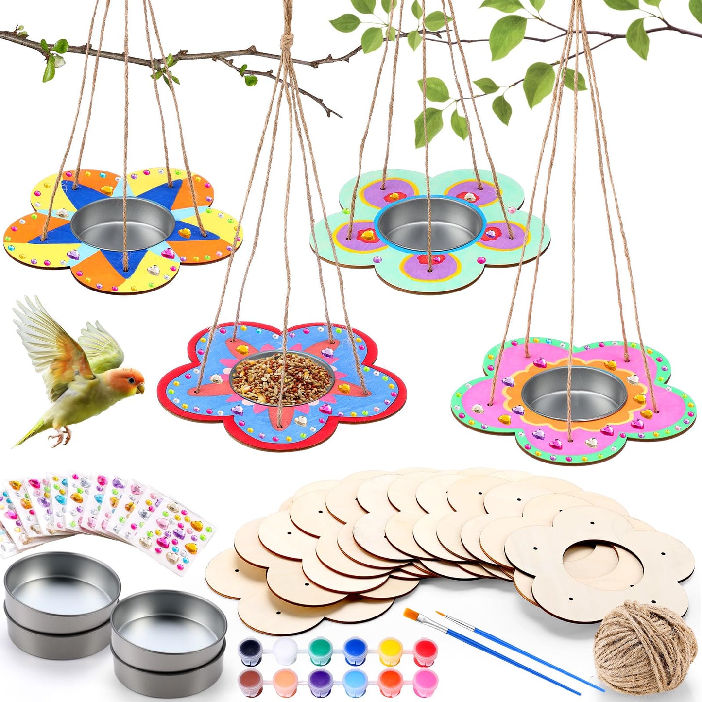 CroBlissful 12 Pack Bird Feeder Craft Kits for Kids DIY Your Own Bird Feeders with Paint and Paintbrushes Wooden Arts and Crafts for Kid Ornaments to Paint Feeders Craft for Garden(Flower Shape)