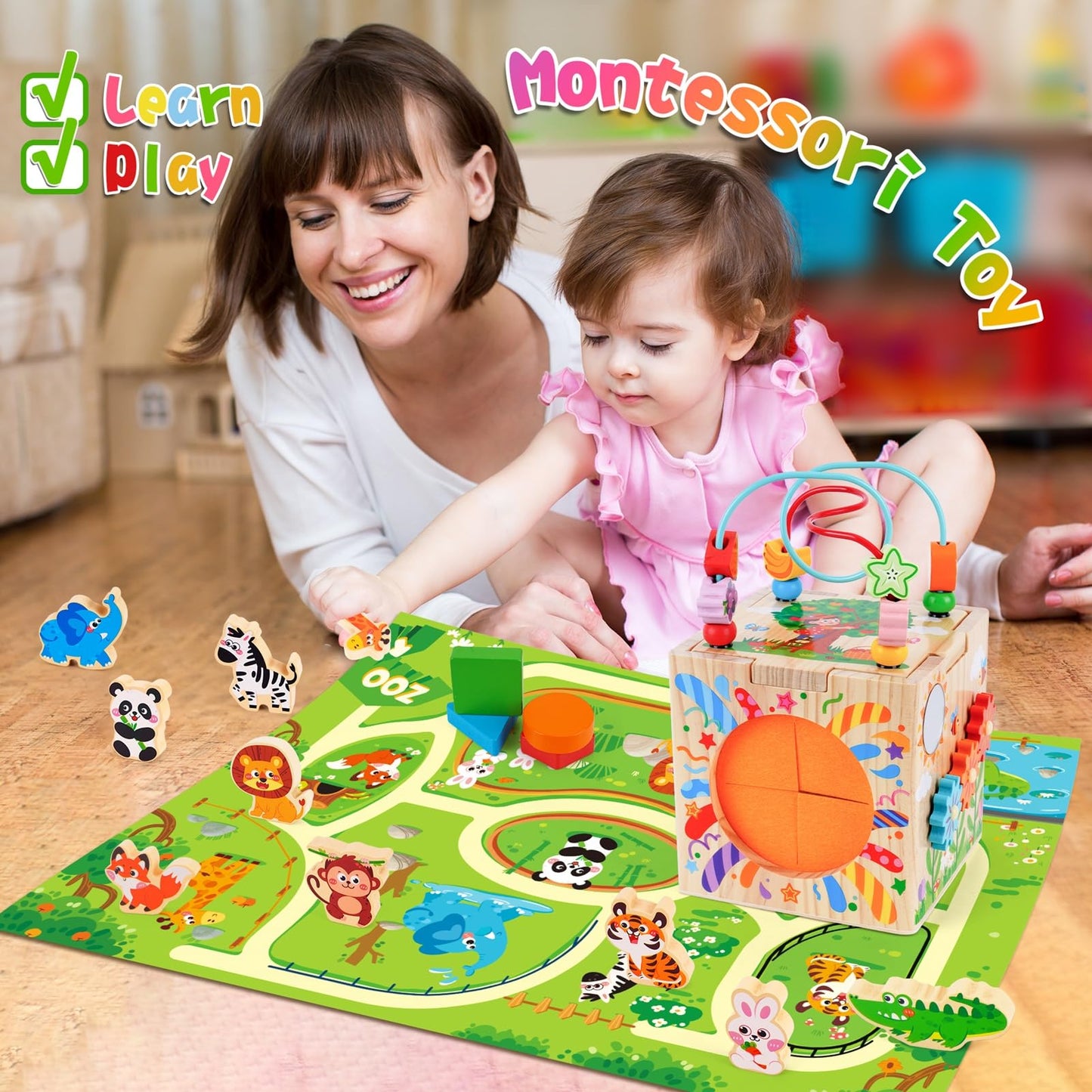 KMTJT Wooden Activity Cube Toddler Toys 12-18 Months, 7-in-1 Montessori Learning Toys for 1 2 Year Old Boys Girls, Bead Maze Sensory Toy, First 1st Birthday Gifts with Sorting & Stacking Board (Pink)