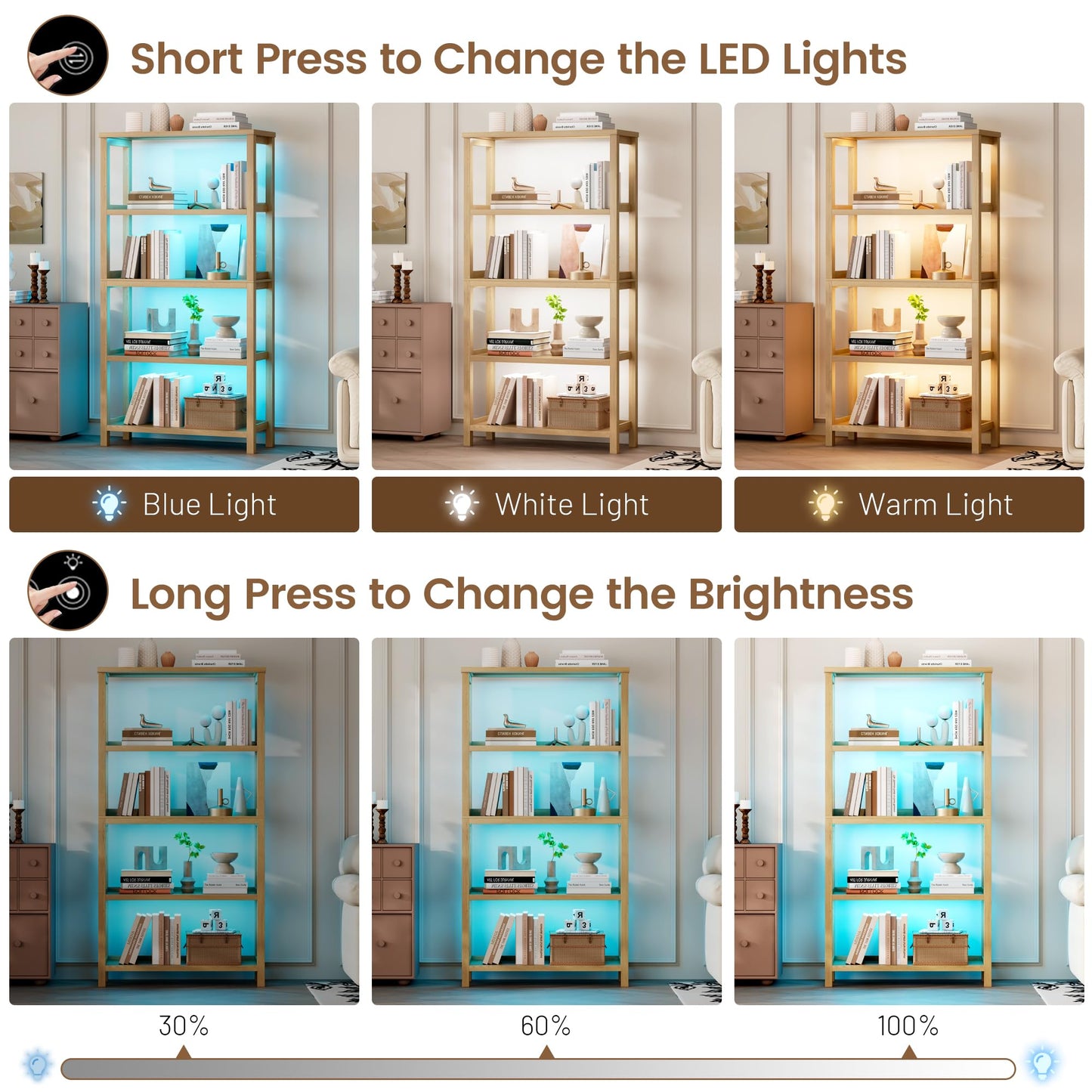 Vlsrka Wooden Bookshelf with Lights, 5 Tier Bookshelf with Storage, Tall Bookcase with Open Shelves, Standing Bookshelves Display Rack for Living Room, Home Office, Brown