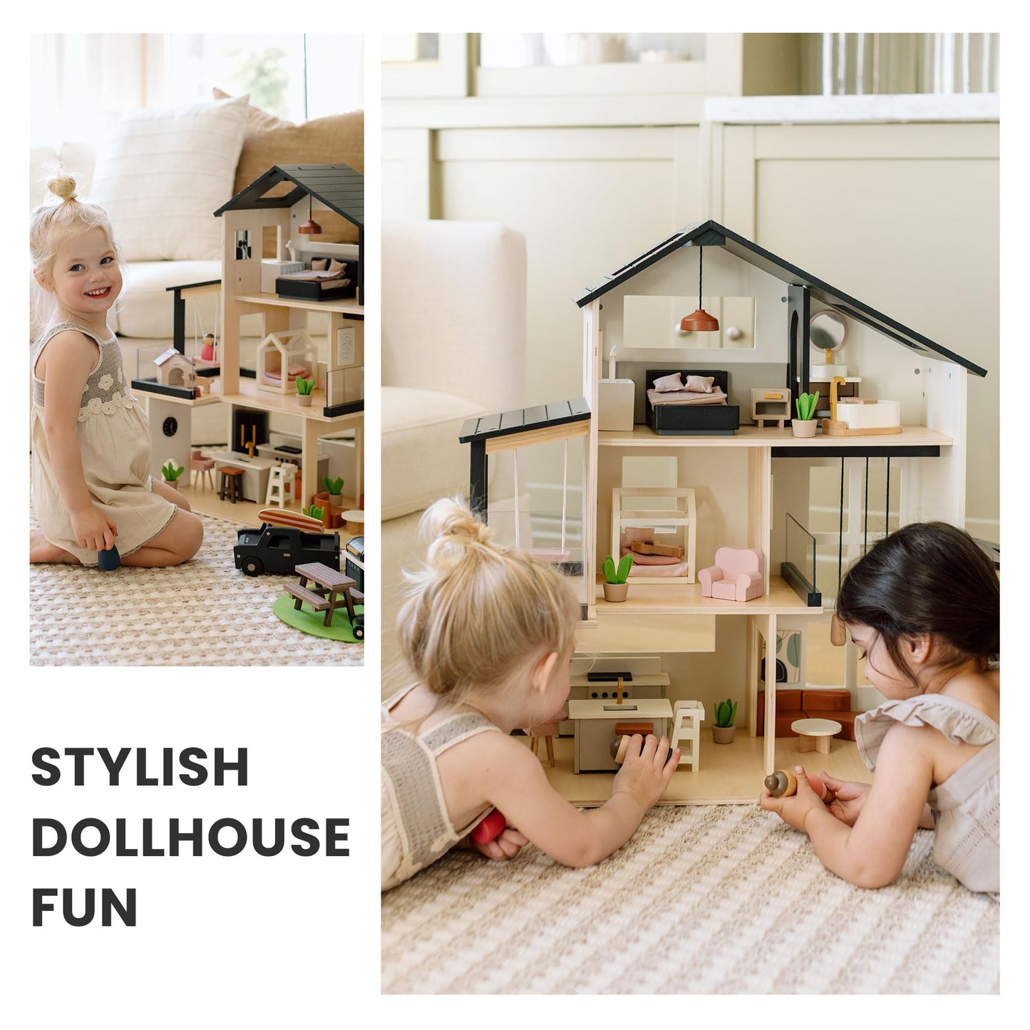 Tiny Land Modern Wooden Dollhouse & 5-Piece Poseable Wooden Doll Family People Set
