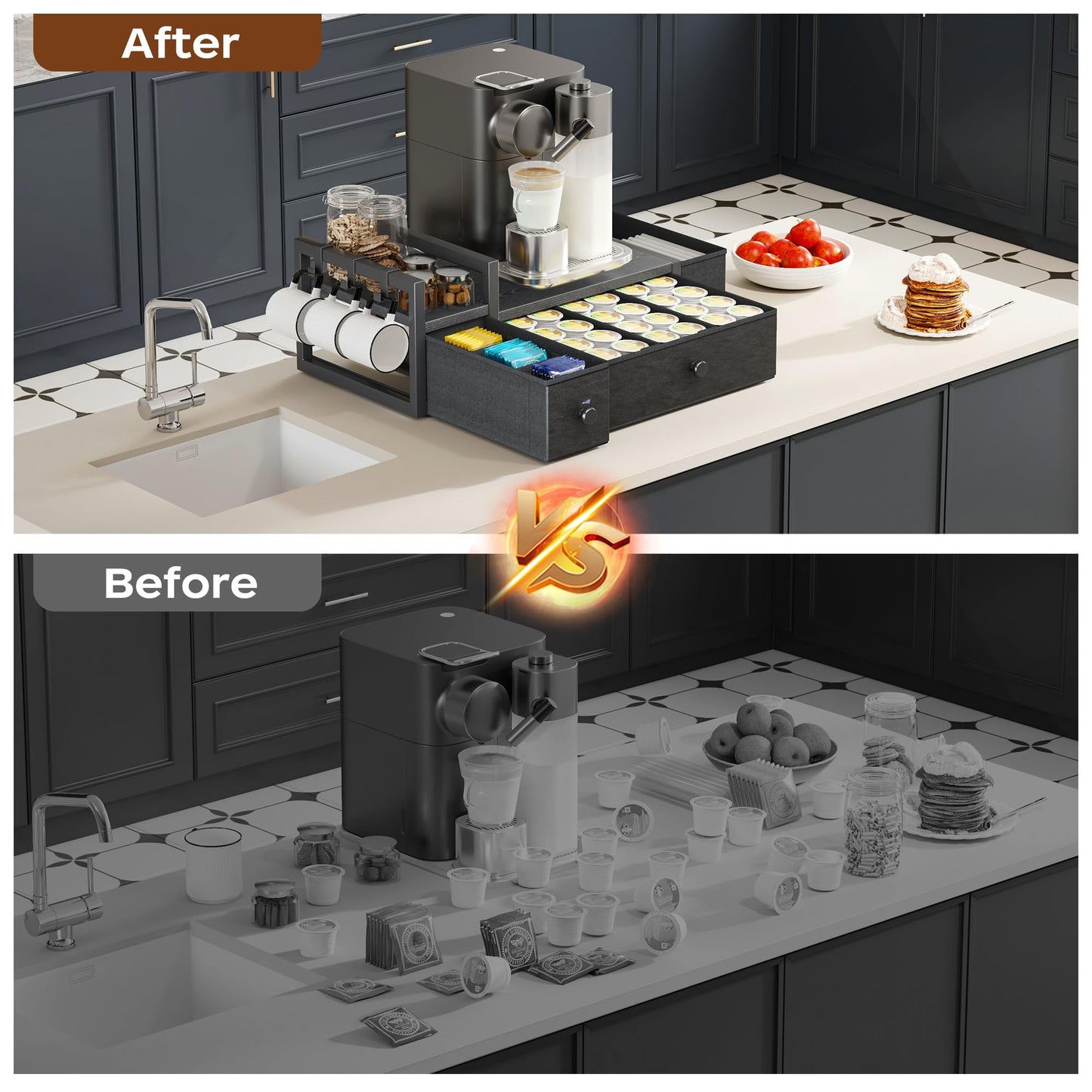 Homeiju Coffee Pod Drawers - K Cup Organizer, Nespresso Pods Holder with Mug Rack, Coffee Holder for Countertop, 52 Capacity Pods, Suitable for Kitchens, Offices and Coffee Bars(Black)
