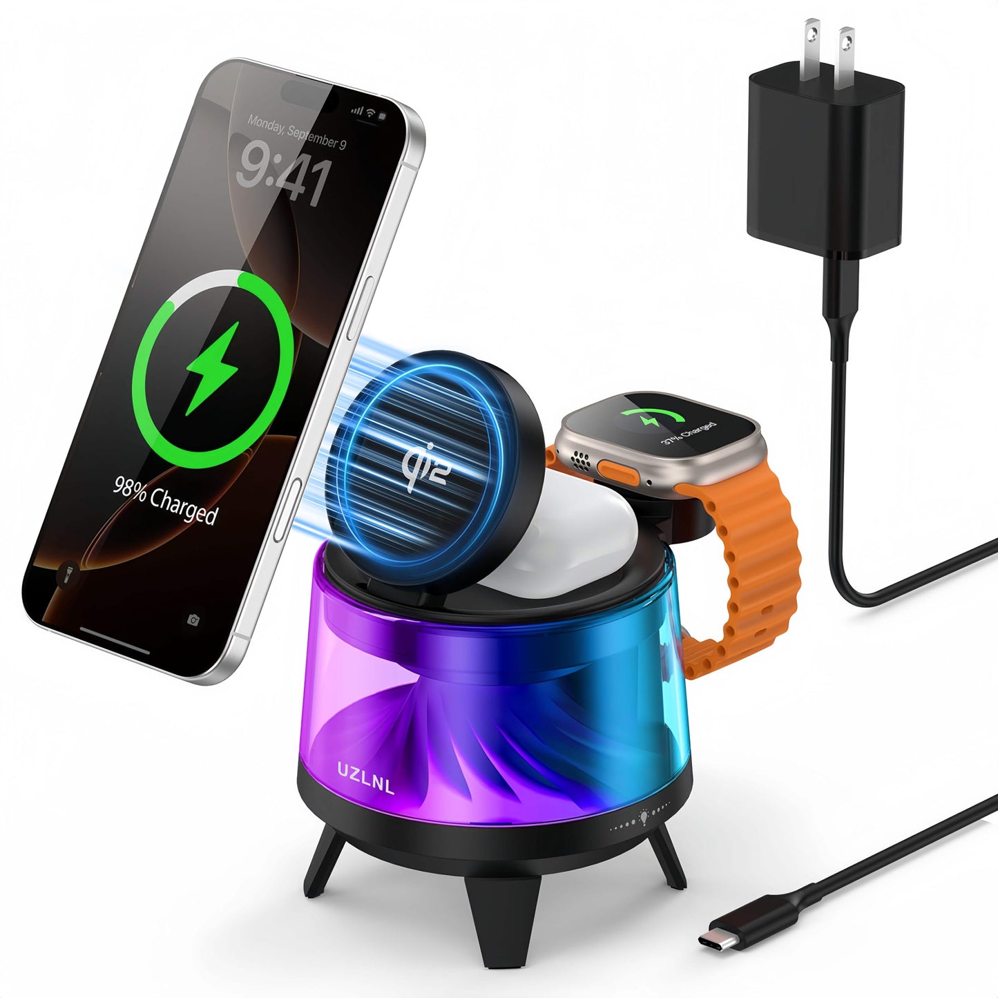 UZLNL 3 in 1 Wireless Charging Station for Apple Devices,Mag-Safe Charger Stand,Magnetic Wireless Charger Station,RGB Ambient Light,for iPhone 17 Pro Max 16 15 14 13 12,AirPods & Apple Watch Series