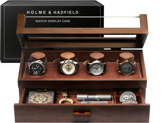 Premium 4 Slot Watch Box for Men (2026 Upgraded) – Wooden Watch Display Case with Hinged Wood Cover, Leather Lining & Drawer – Watch Organizer Stand – Handcrafted Luxury Father's Day Present for Men
