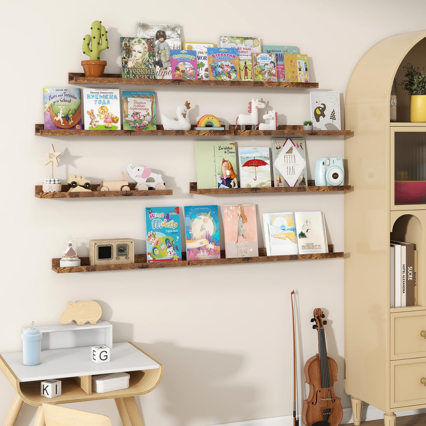 Fun Memories Picture Ledge Shelves Set of 2, 24 Inch Rustic Wall Mounted Floating Shelves with Lip for Home Storage and Décor in Bathroom, Kitchen, Nursery, Bedroom, Living Room, Brown