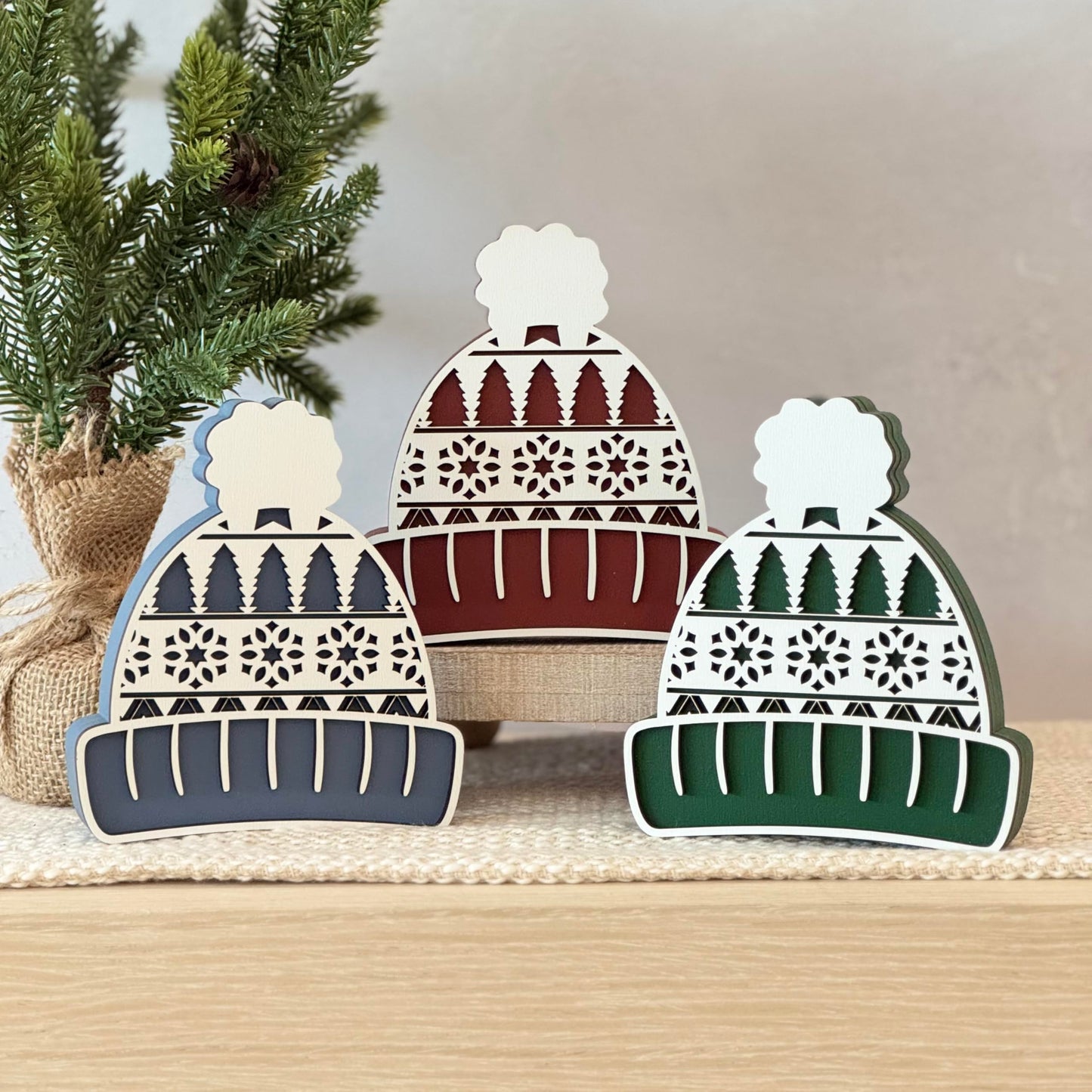 Winter Hat Shelf Sitter, Chunky Wooden Cozy Winter Decor for Tiered Tray Styling, Rustic Farmhouse Holiday Mantel Accent (Forest Green)