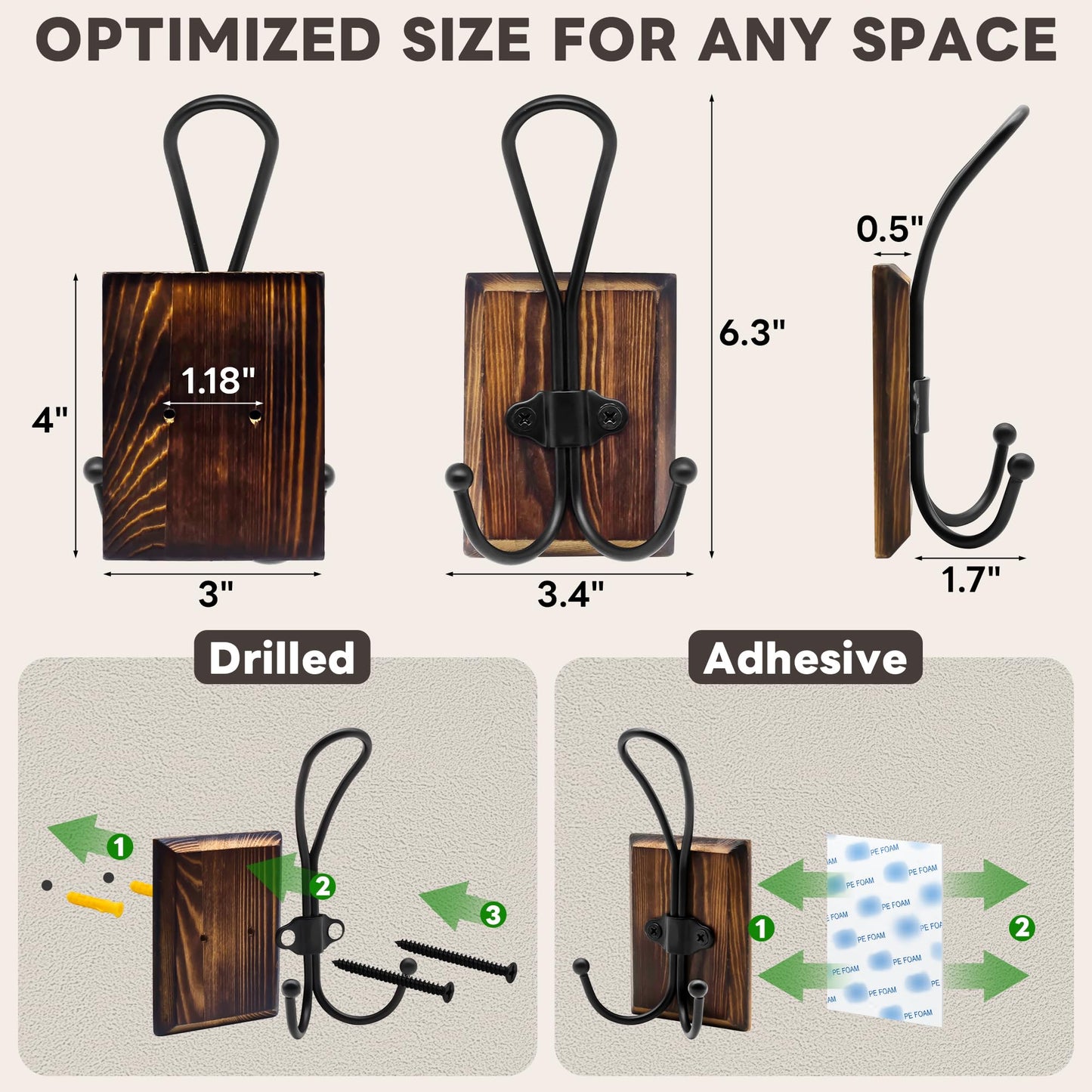 Rzoklot 2-Pack Rustic Wood Wall Hooks - Wall Mounted or Adhesive Coat Rack for Bathroom Towels Robes - Farmhouse Modern Decorative Entryway Hangers for Hats Keys Purses Bags, Brown