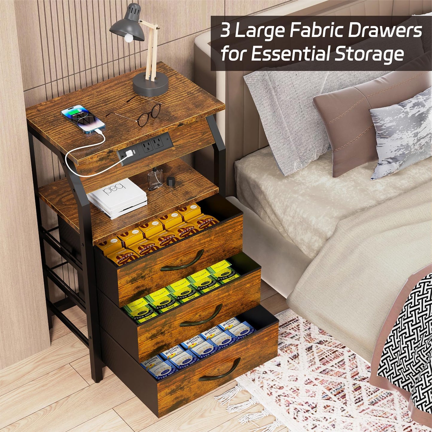 SZLHANJZ End Table with Charging Station, Nightstand with LED Lights and 3 Drawers, Small Night Stand with Fabric Storage, Retro Side Table for Bedside, Living Room Dorm, Rustic Brown