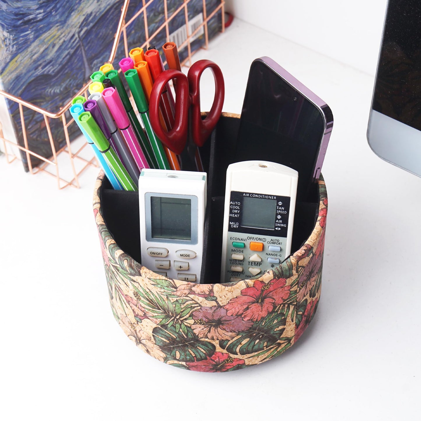 Lvkjafaz Round Leather Art Supply Organizer,Remote Control Holder,360 Degree Spinning,Multi-Functional Pencil Holder,4 Compartments Desktop Stationary Organizer(1-Wood Leather Banana)