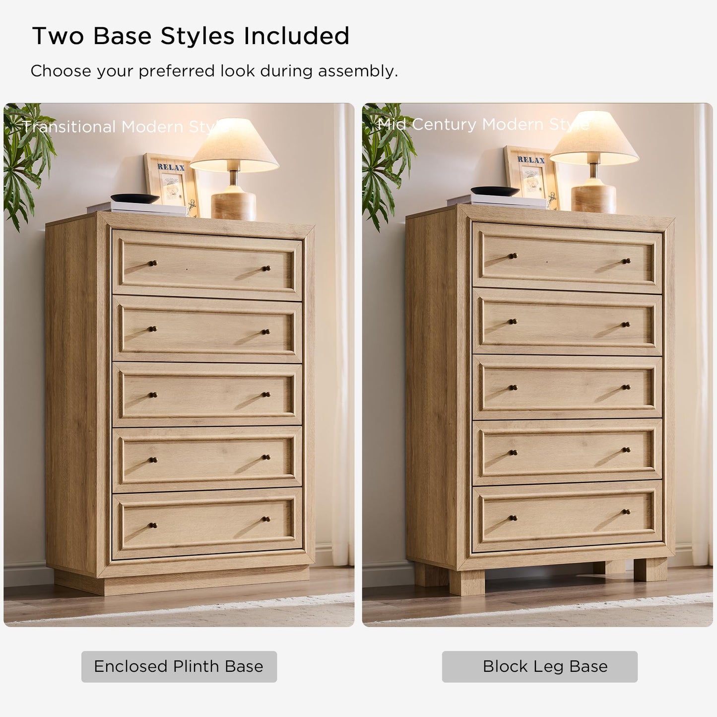 ACCOHOHO 5 Drawer Dresser with Two Included Base Styles, 46" Tall Chest of Drawers, Transitional Modern Closet Dresser with Antique Brass Knobs, Wooden Dresser for Bedroom, Living Room, Natural Oak