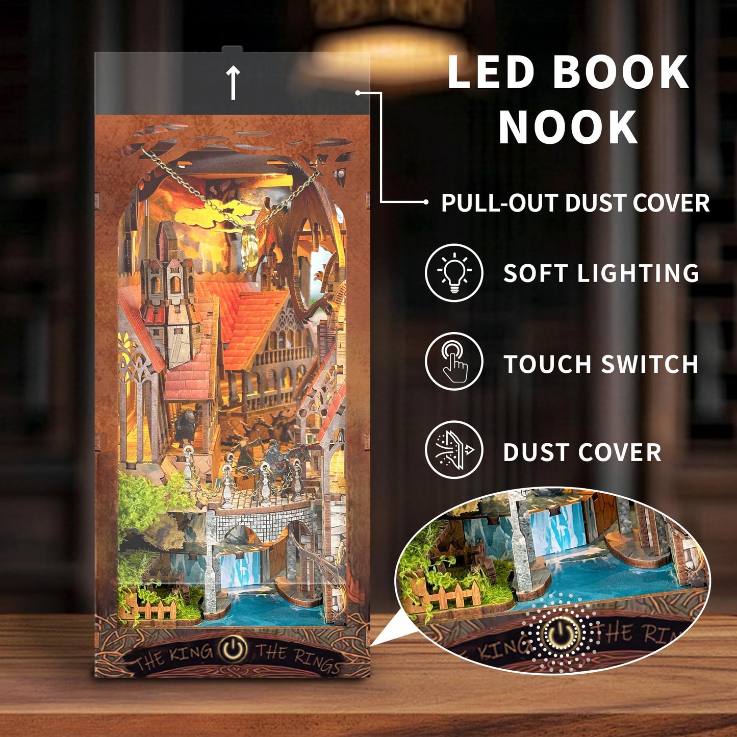 IBOHEYE Book nooks DIY Dollhouse Kit for Adults 3D Stereo Assembly Night Light Sensing Wooden Bookend Jigsaw Building Model Gifts for Family,Friends