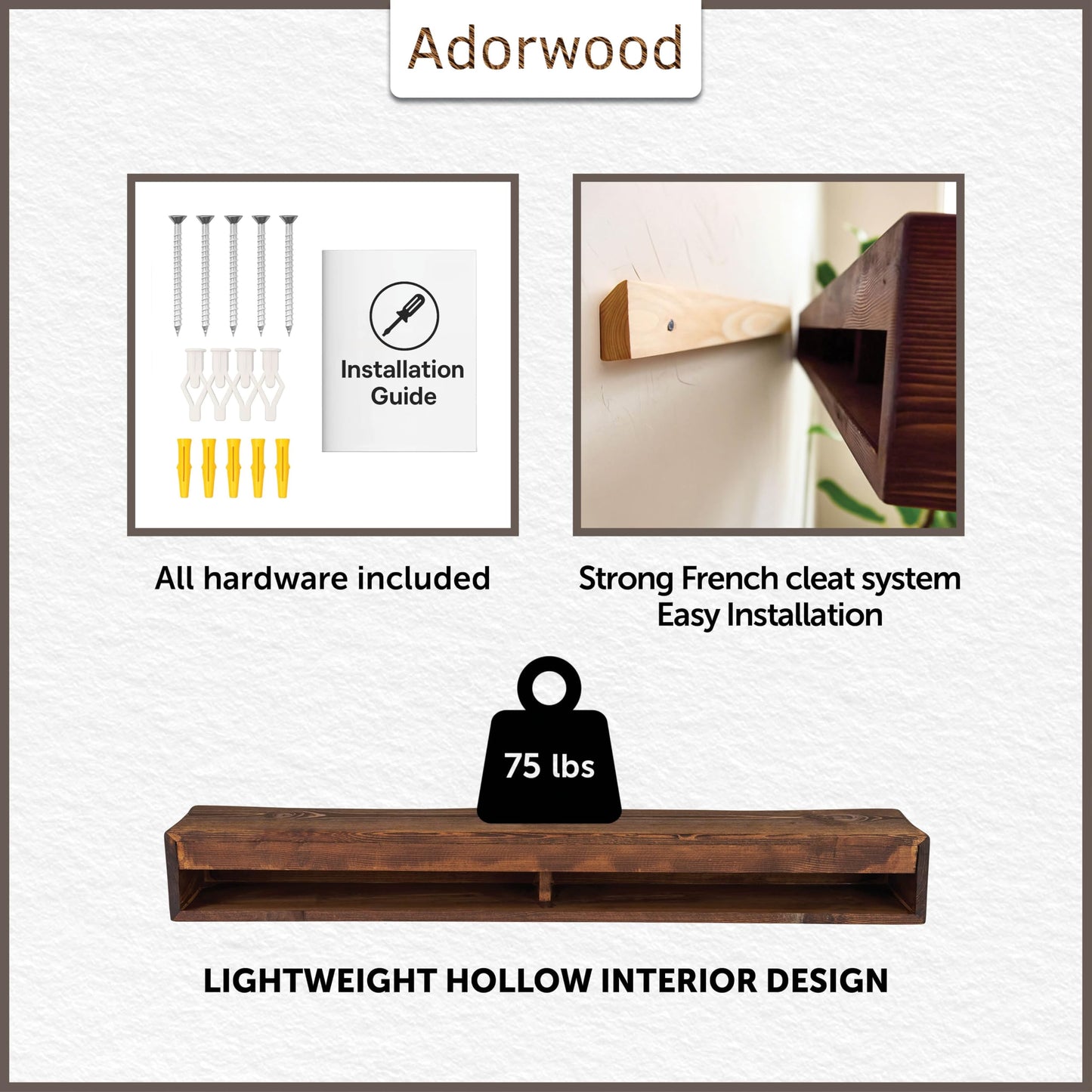Adorwood Handmade Fireplace Mantel Shelf 48", Extra Wide Rustic Wood Mantles for Over Fireplace, Wall Mounted Floating Mantel Shelves for Living Room Decor (Light Walnut, 48Lx6Hx8D)