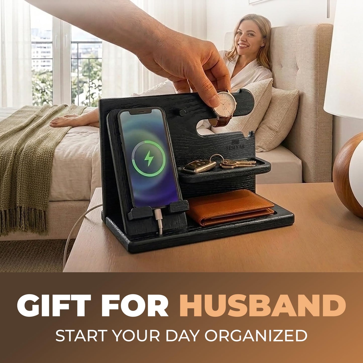 TESLYAR Wood Phone Docking Station for Men - Desk or Nightstand Organizer - Birthday Gifts for Husband, Dad - Anniversary Idea from Wife - Key Holder, Stand Wallet, Watch & Essentials (Granite Black)