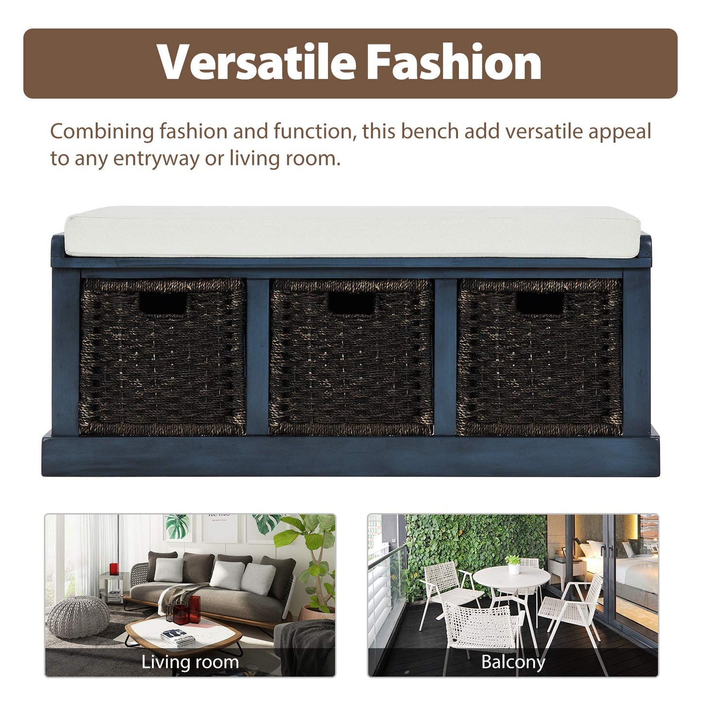 Ball & Cast 43.7" Wood Frame Entryway Storage Bench w/ 3 Movable Rattan Panel Drawers&Cushion, Rustic Shoe Rack Bedroom End of Bed Bench with Upholstered Seat, No Assembled Needed, Antique Navy