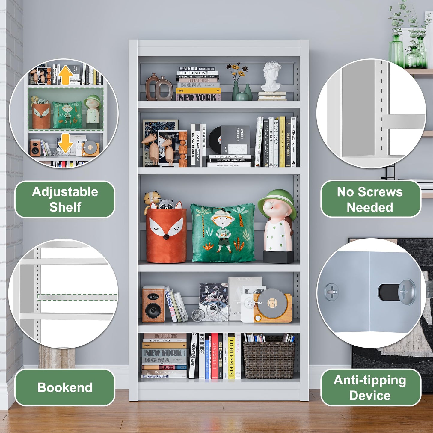 OSEILLC 69" H 5-Shelf Heavy Duty Metal Bookcase, Adjustable Bookshelf with Large Capacity, Sturdy Bookshelf for Home Office, Living Room, Garage