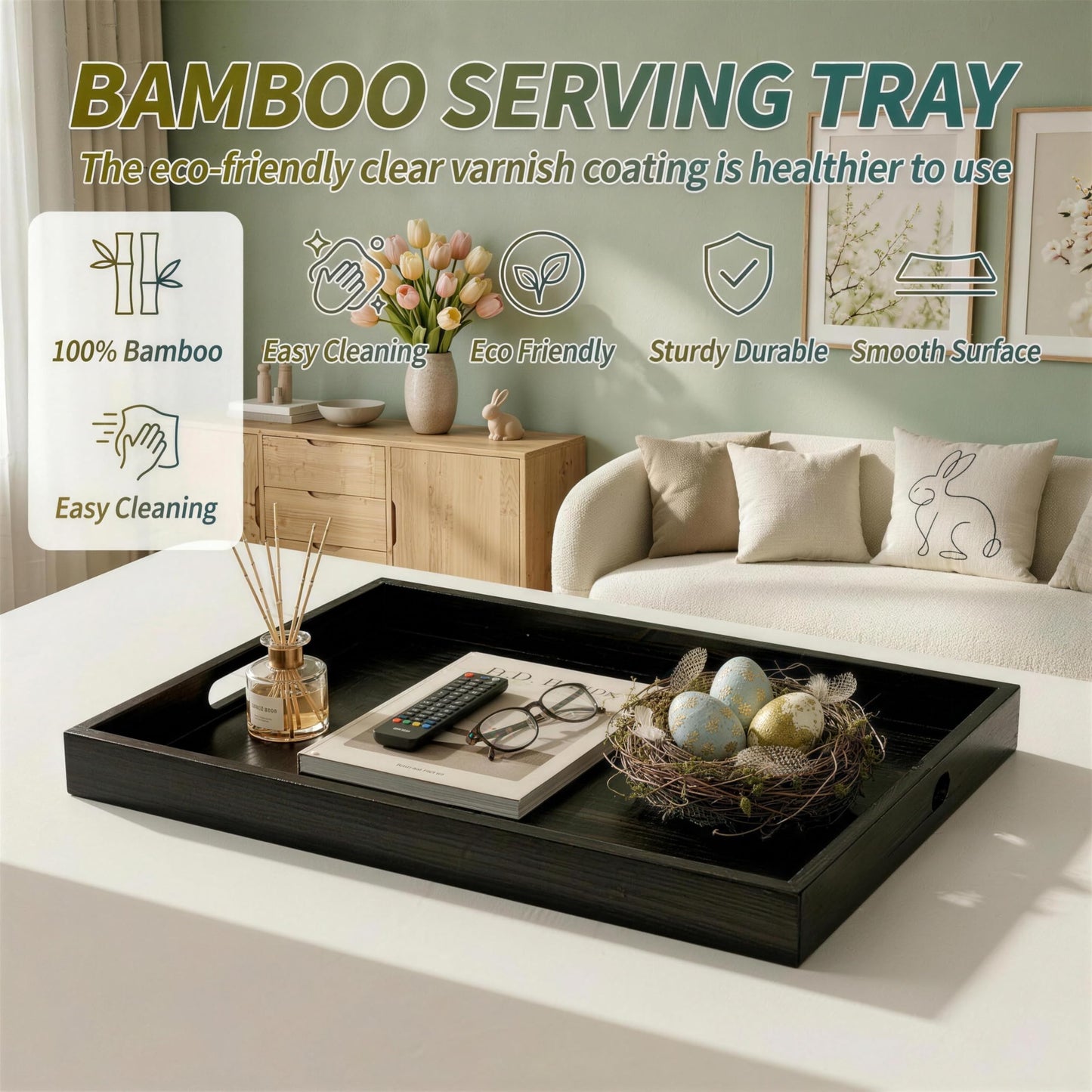 Bamboo Serving Tray with Handles, Set of 2, Wooden Serving Trays for Ottoman, Coffee Tray, Large Serving Tray with Flat Handles, Black Wood Tray for Living Room