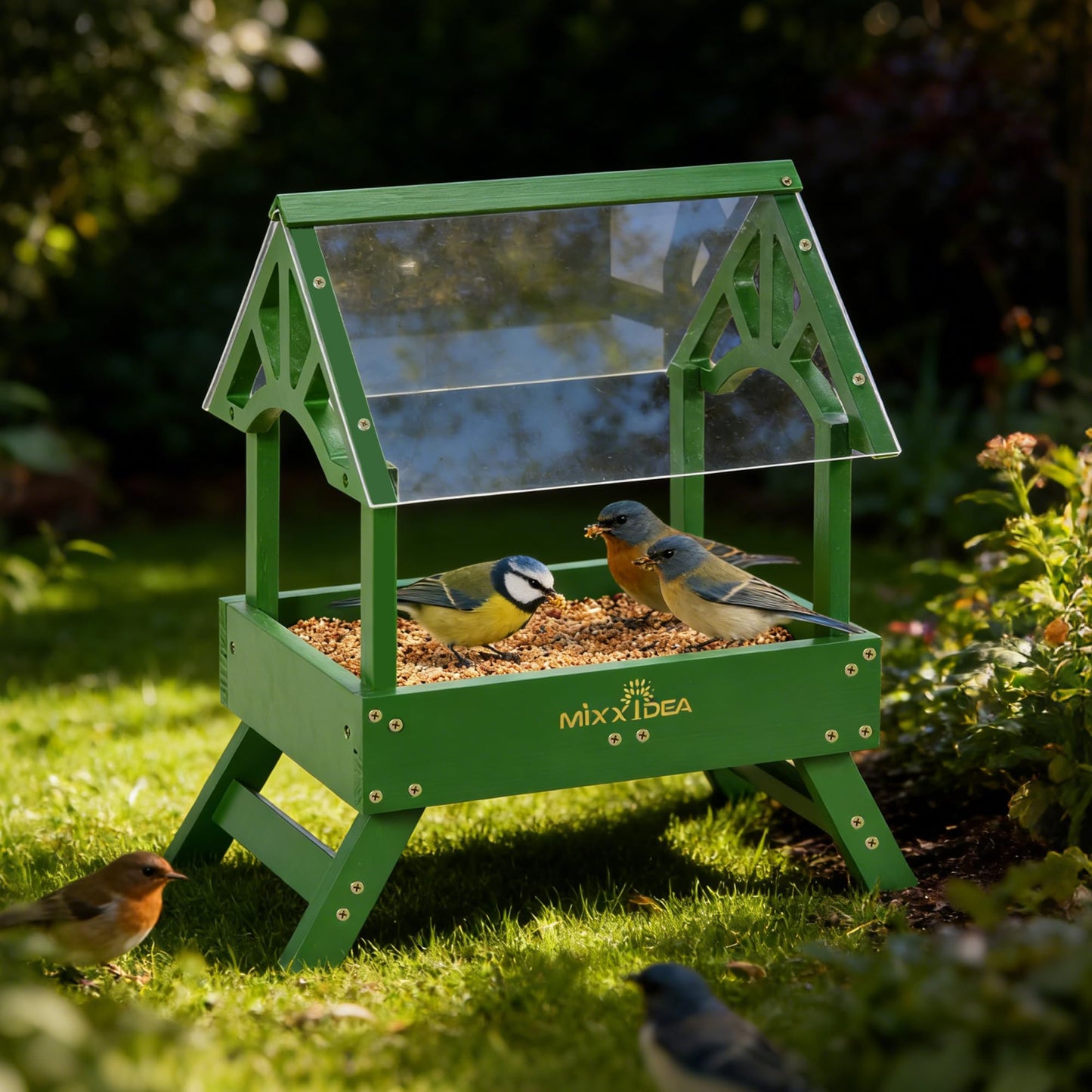 MIXXIDEA Ground Bird Feeder for Outdoors - Bird Feeder with shelter for Bird &Squirrel Wooden Chicken Picnic Table Platform Feeder Wild Bird Feed Crow Feeder for Outside with 5 LBS Capacity