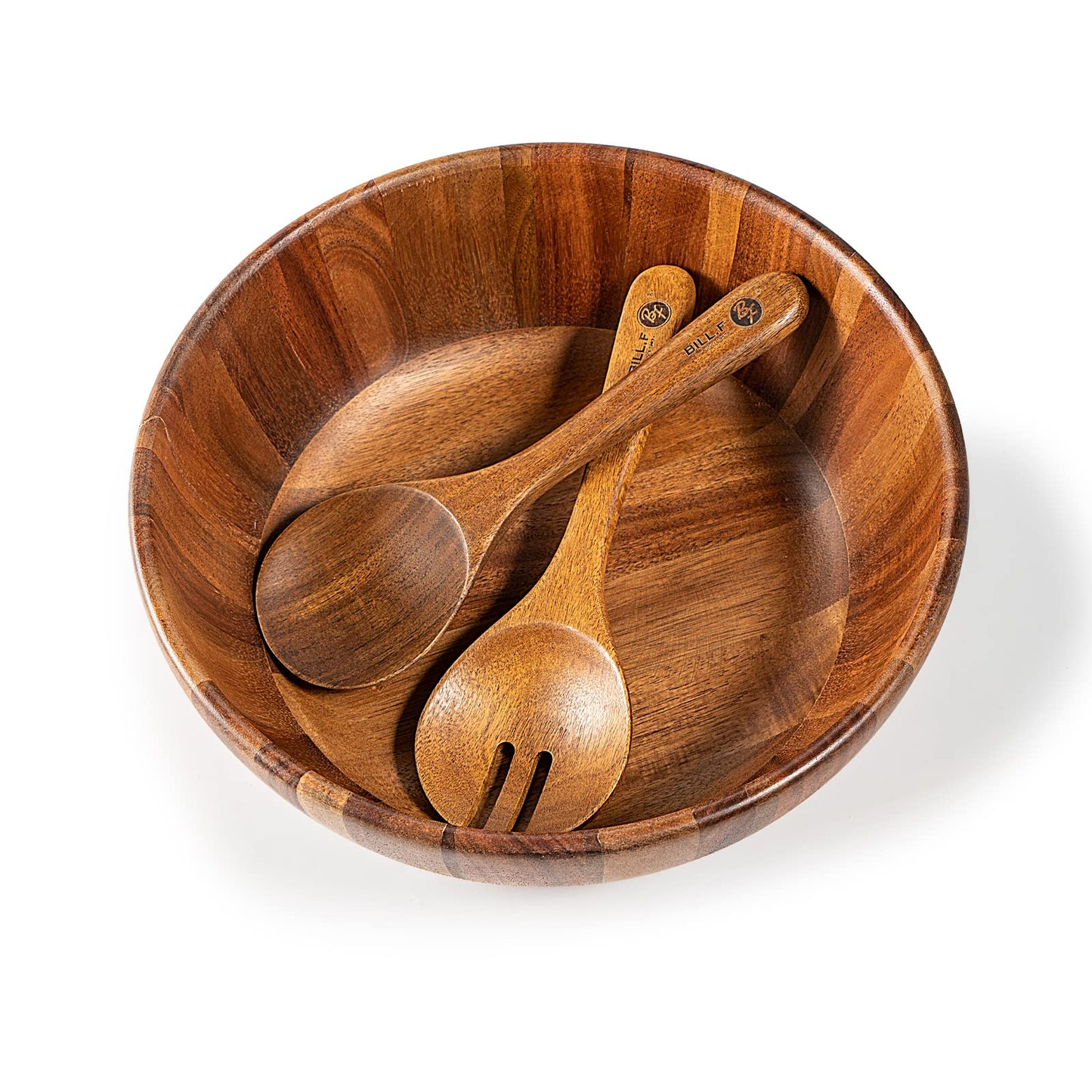 BILL.F Wooden Serving Bowl,12" Acacia Wood Large Salad Bowl Set with Salad Spoon and Fork for Fruits, Salads, Pasta