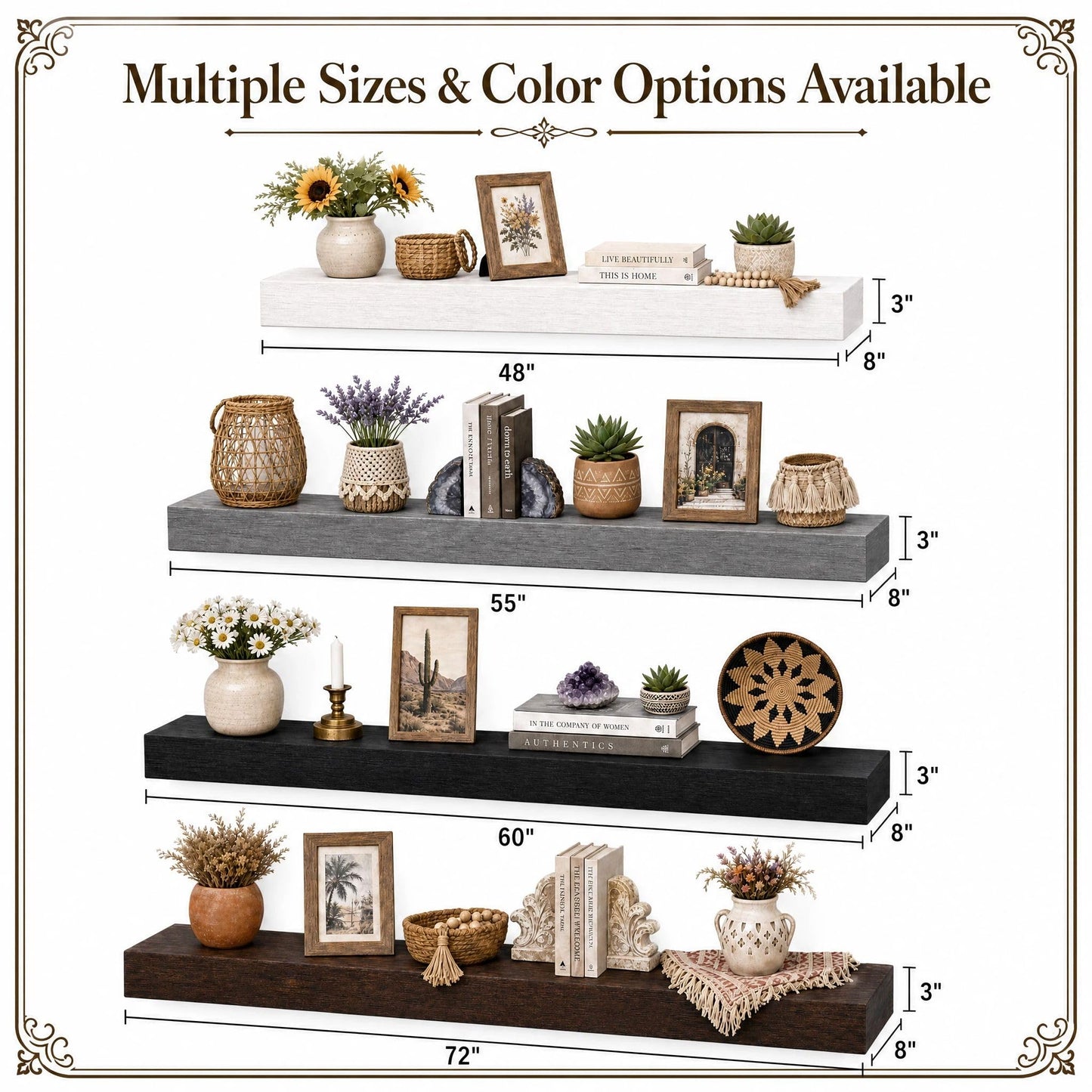 SAUMONIERES Fireplace Mantel Shelves 48 Inch Solid Wood Wall Mounted Long Floating Shelf Hollow, Brown