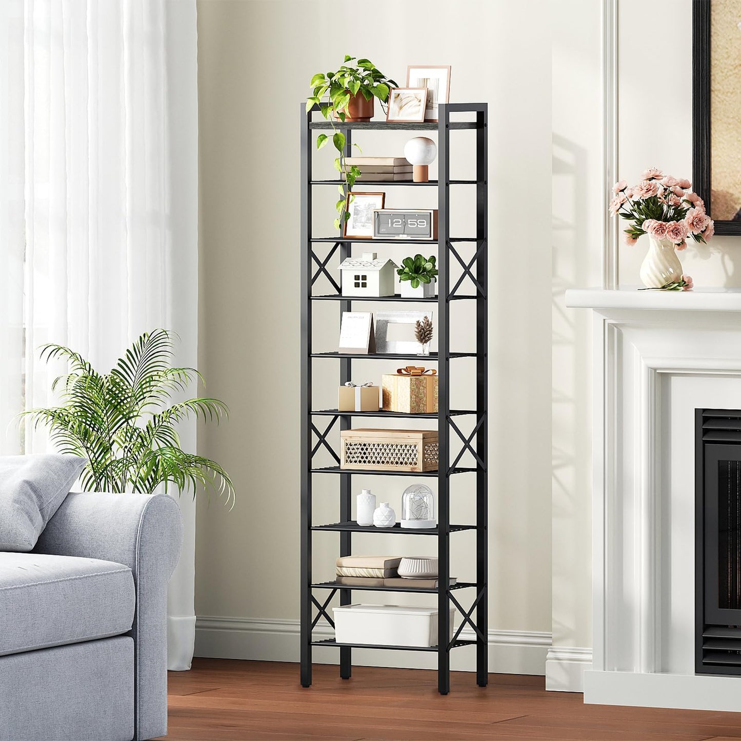 YATINEY 10-Tier Narrow Shoe Rack, Tall Shoe Rack for 10-20 Pairs, Shoe Storage Shelf with 2 Non-Woven Drawers, SS68BC-SS11BR