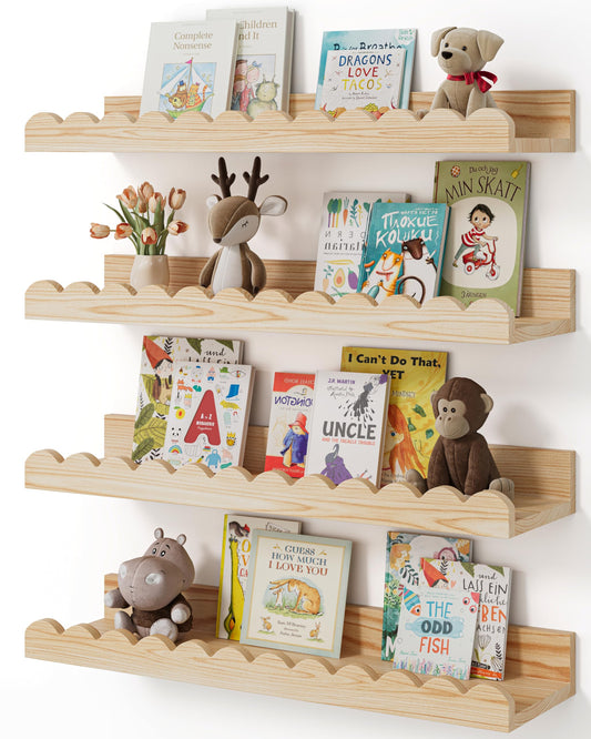 Shario Nursery Book Shelves, 4-Pack Wood Floating Shelves for Wall Kids, Scalloped Shelves, Wall Book Shelves for Bedroom Kids, Toddler Room, Baby Room, Nursery Decor(Wood, 16.5 Inches)
