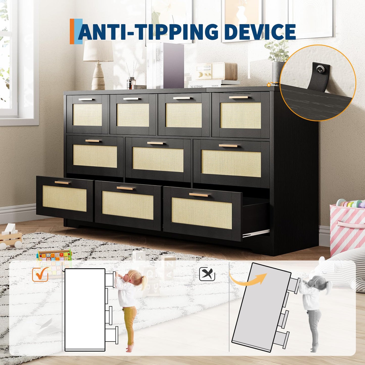 GarveeLife 10 Drawer Dresser for Bedroom, 59 in Farmhouse Rattan Dressers & Chests of Drawers, Wooden Storage Organizer with Anti-Tipping Device for Living Room, Hallway, Entryway, Black
