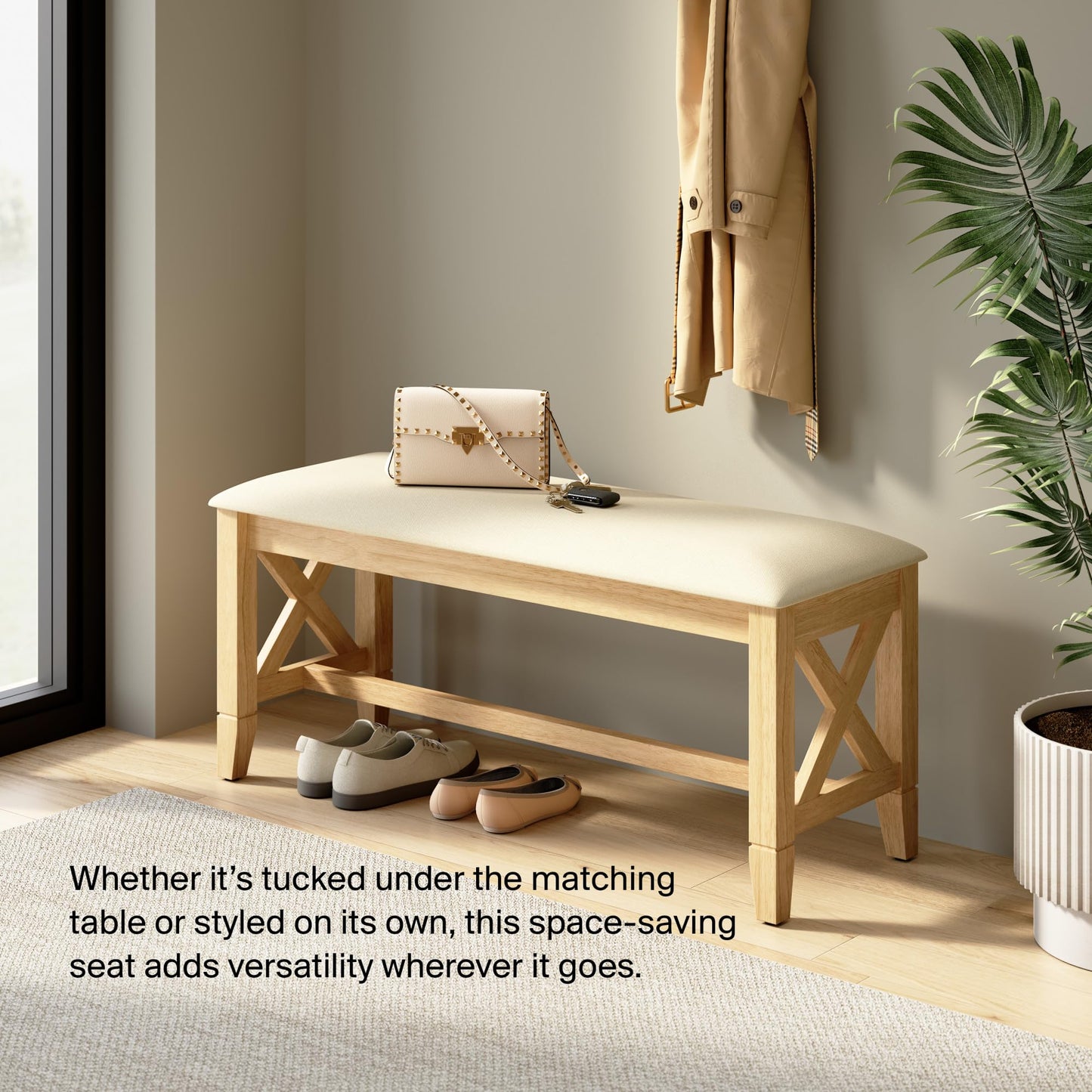 Bush Home 44-inch Upholstered Bedroom Bench, Bedroom Furniture, Key West Collection, Blonde Oak and Bright Beige Fabric