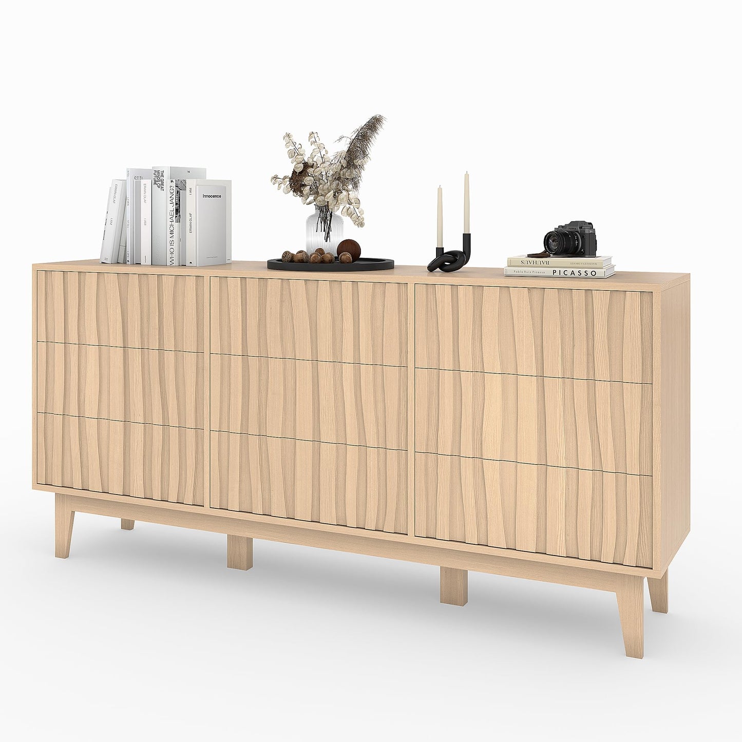 IDEALHOUSE Modern Fluted Dresser with 9 Drawers - Freestanding Wooden Storage Cabinet, Chest of Drawers for Bedroom for Living Room, Entryway, Hallway