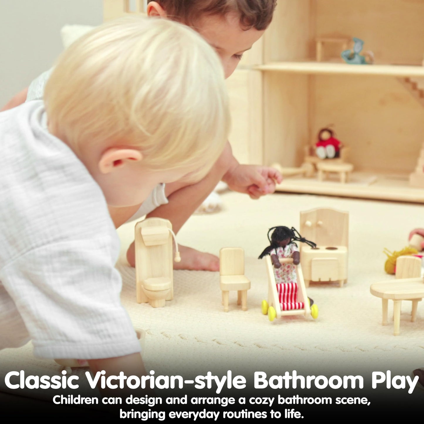 PlanToys® Wooden Victorian Bathroom & Bedroom Dollhouse Furniture Set | Montessori 1:12 Scale Pretend Play Bundle for Daily Routines, Self Care, Rest & Eco Friendly Storytelling Play
