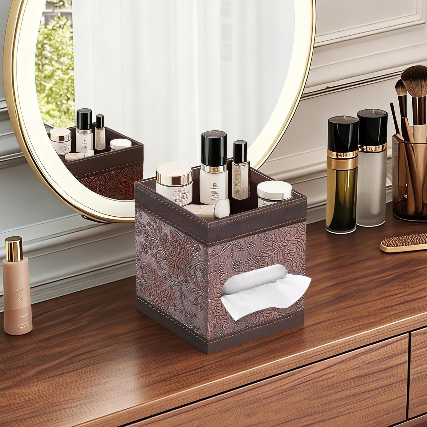 Square Tissue Box Cover with Storage Tray,PU Leather Tissue Cube Box Holder,Decorative Tissue Holders,Modern Tissues Case Napkin Dispenser Facial Paper Organizer for Bathroom Vanity