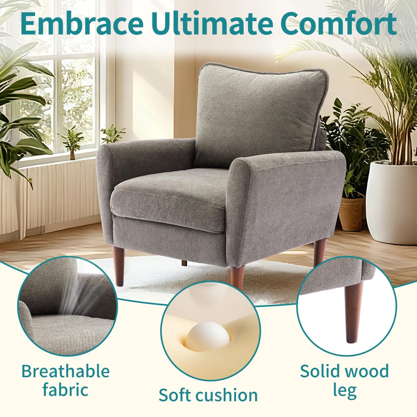 OLIXIS Comfy Accent Chair for Living Room Bedroom and Waiting Room, Upholstered Mid-Century Reading Chair with Pillow and Solid Wood Legs, Wide Singe Modern Lounge Sofa, Gray