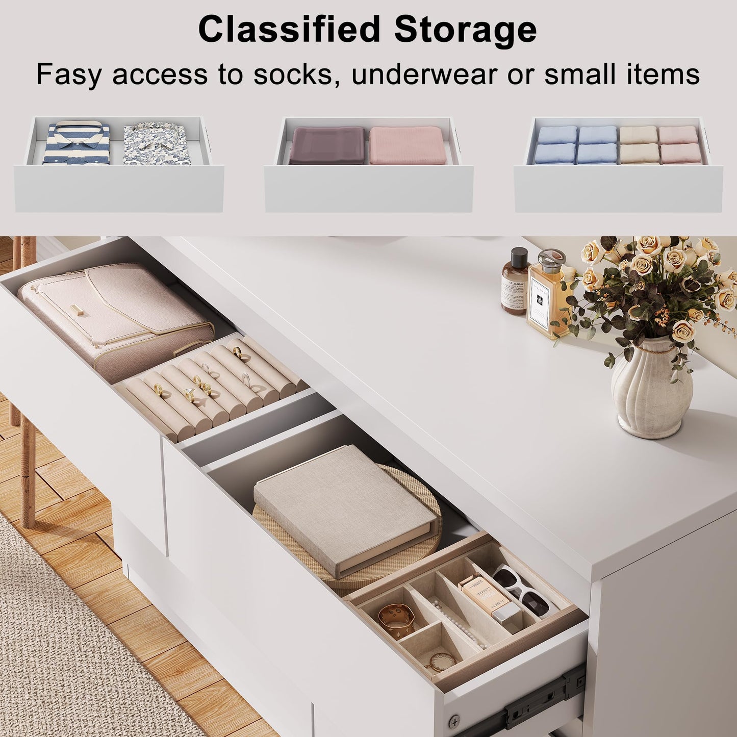 Jocoevol Modern White 8 Drawer Dresser for Bedroom, 15.3" D x 55.2" W x 32.3" H Simply Chest of Drawers, Wood Storage Dresser with Deep Drawers for Living Room Hallway Entryway, White
