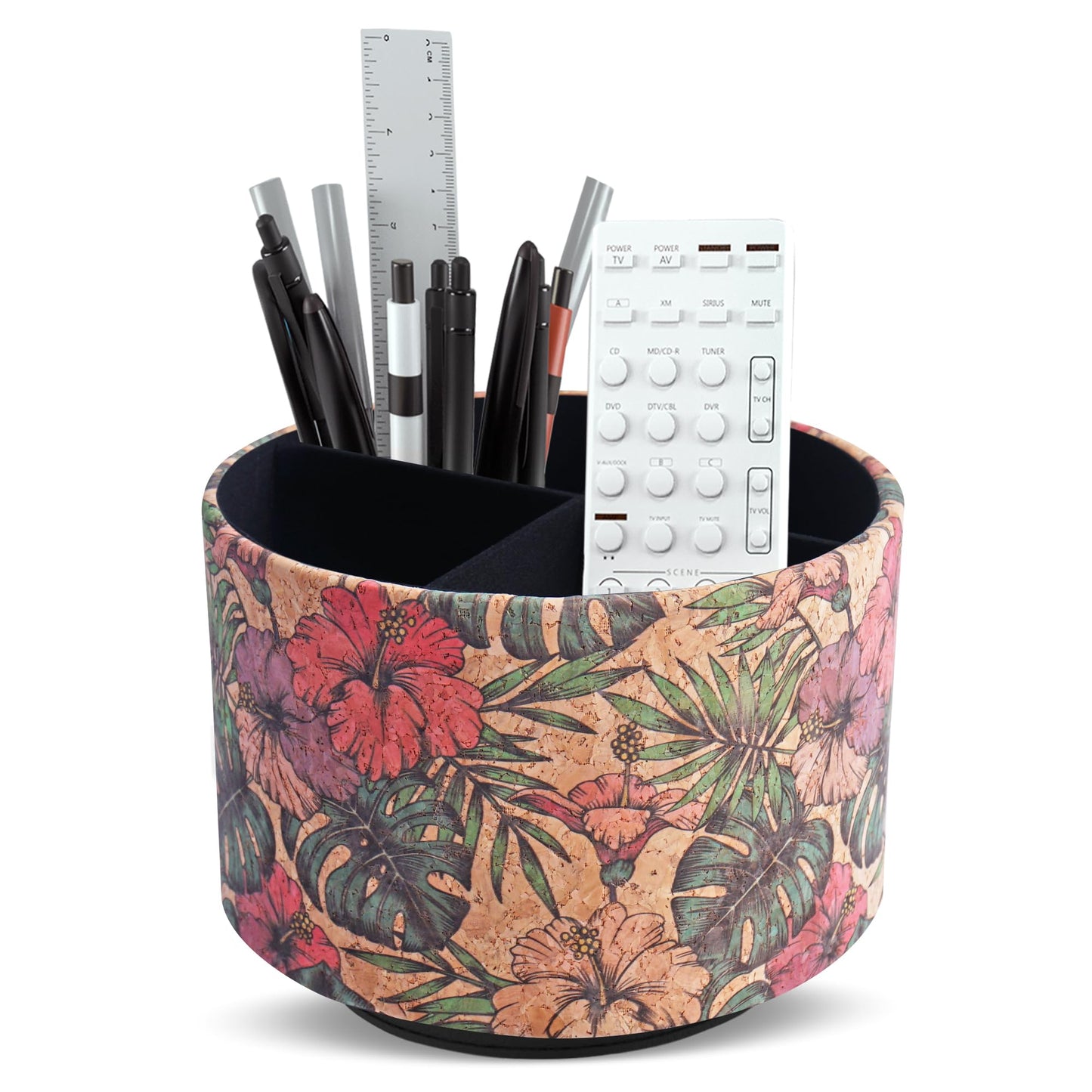 Lvkjafaz Round Leather Art Supply Organizer,Remote Control Holder,360 Degree Spinning,Multi-Functional Pencil Holder,4 Compartments Desktop Stationary Organizer(1-Wood Leather Banana)