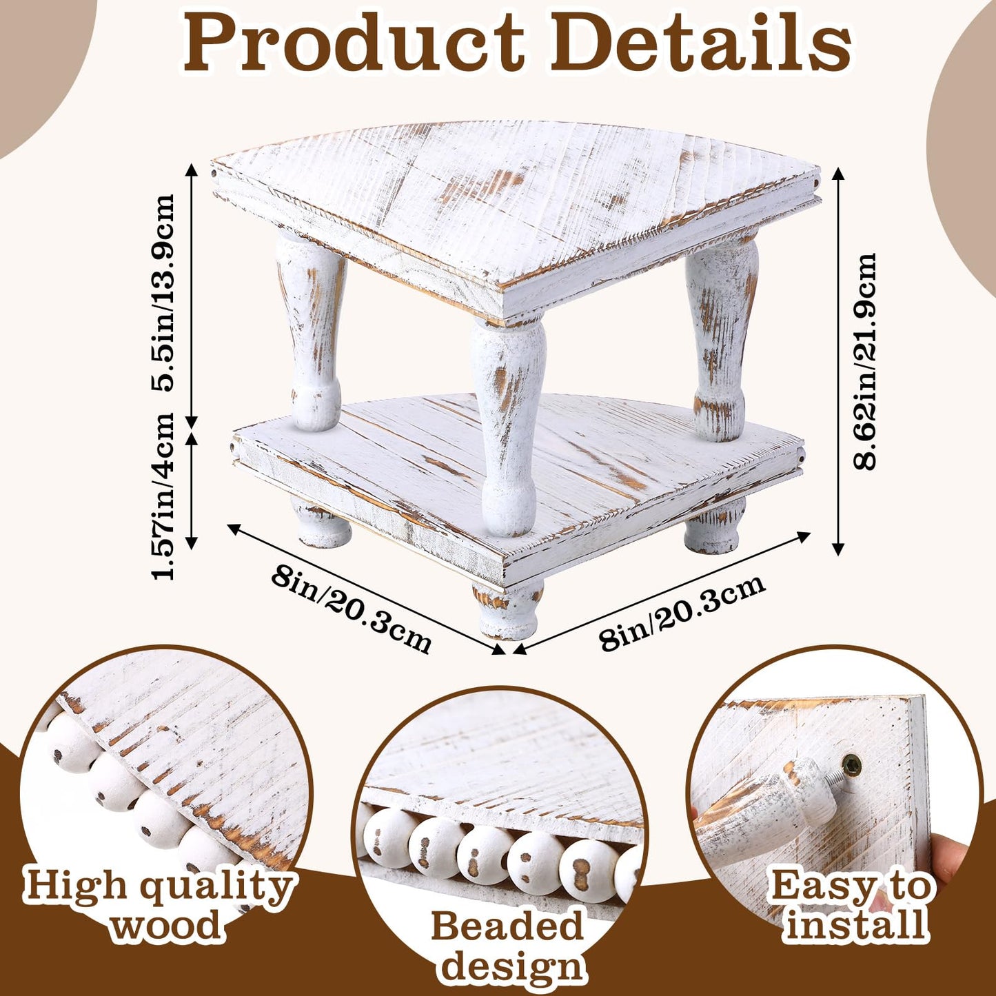 Kigley 2 Tiered Corner Riser for Kitchen Counter Wood Beaded Corner Shelf White Wash Countertop Bathroom Counter Organizer Rustic Decorative Pedestal Stand with Removable Feet for Kitchen Coffee Bar