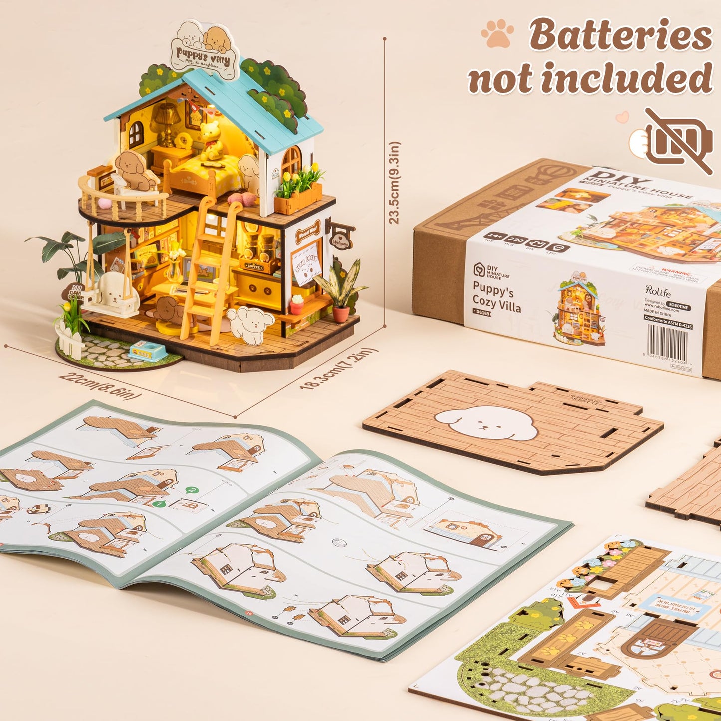 Rolife DIY Miniature House Kits Puppy's Cozy Villa, DIY Crafts for Adults Miniature Model Set, Tiny House Duplex Villa with Puppy, Hobbies & Birthday for Friends (230PCS)