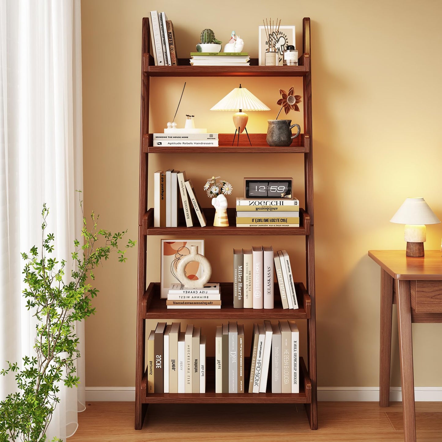 5 Tier Ladder Shelf, Leaning Bookshelf with Wood Frame, 5 Shelf Tall Bookcase Standing Storage Organizer Solid Wood Storage Shelves for Living Room, Bedroom, Home Office (Walnut)
