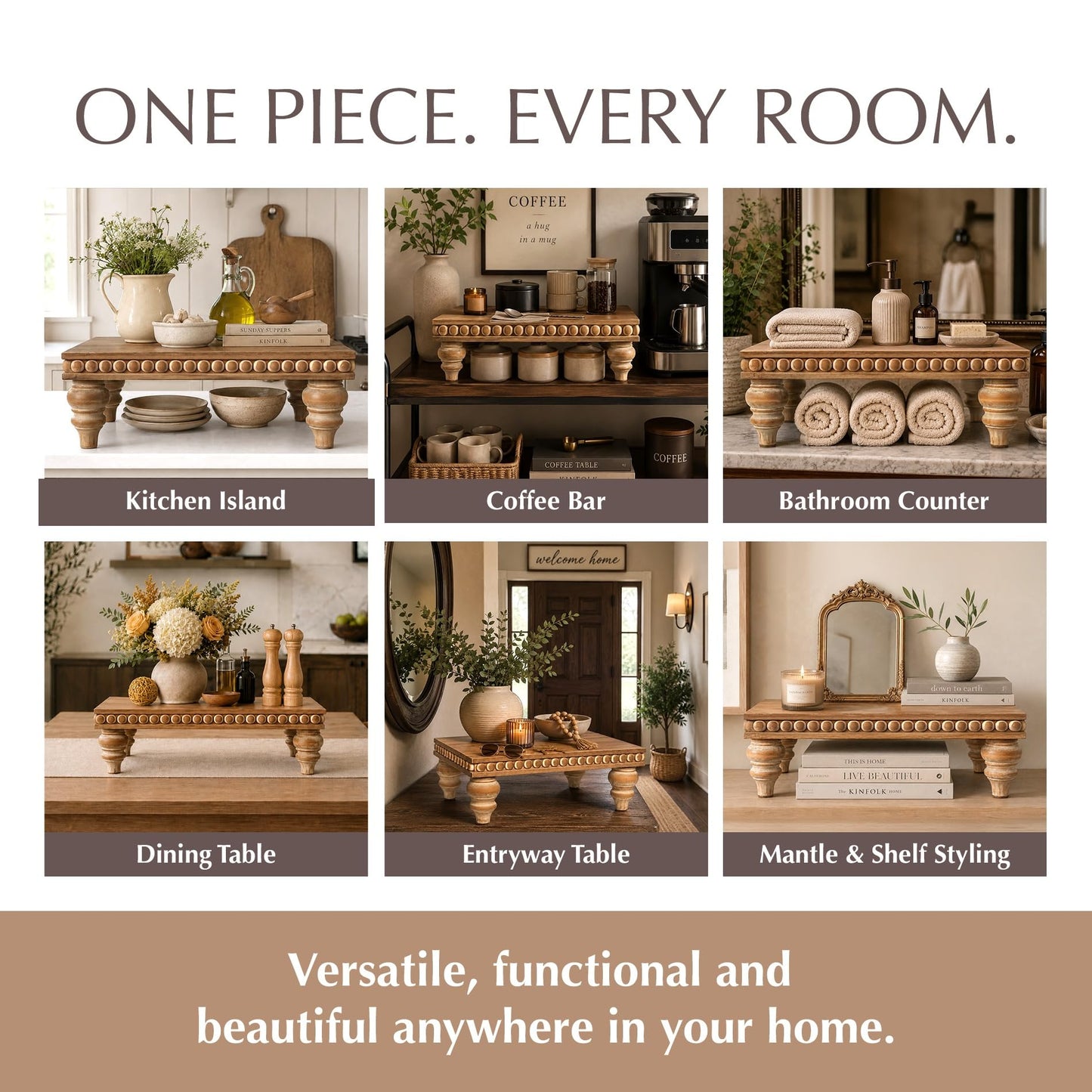 Felt Creative Home Goods Decorative Wood Risers for Decor | Tiered Tray Stand | Farmhouse Beaded Riser Stand for Decor | Wooden Pedestal Stand Large 12x16 Beaded Tray for Kitchen Coffee Bar (Brown)