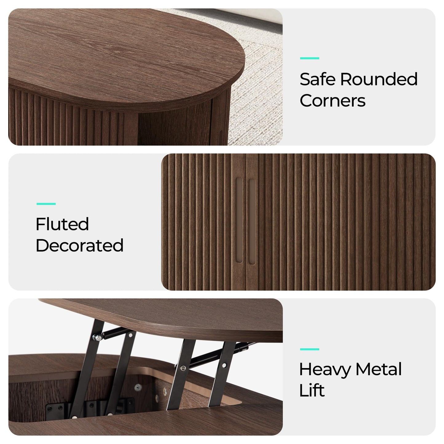 LINSY Lift Top Coffee Table, Oval Fluted Coffee Table with Storage, Mid Century Modern Wooden Coffee Tables with Sliding Tambour Door, 39" Center Table for Living Room, Office, Small Space, Walnut