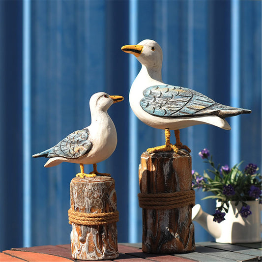 OECECR 2Pcs Wooden Seagull Figurine Vintage Nautical Sea Bird on Piling with Rope Ornament Sculpture, Hand Caraved Wooden Bird Statue Nautical Craft Decorations for Home