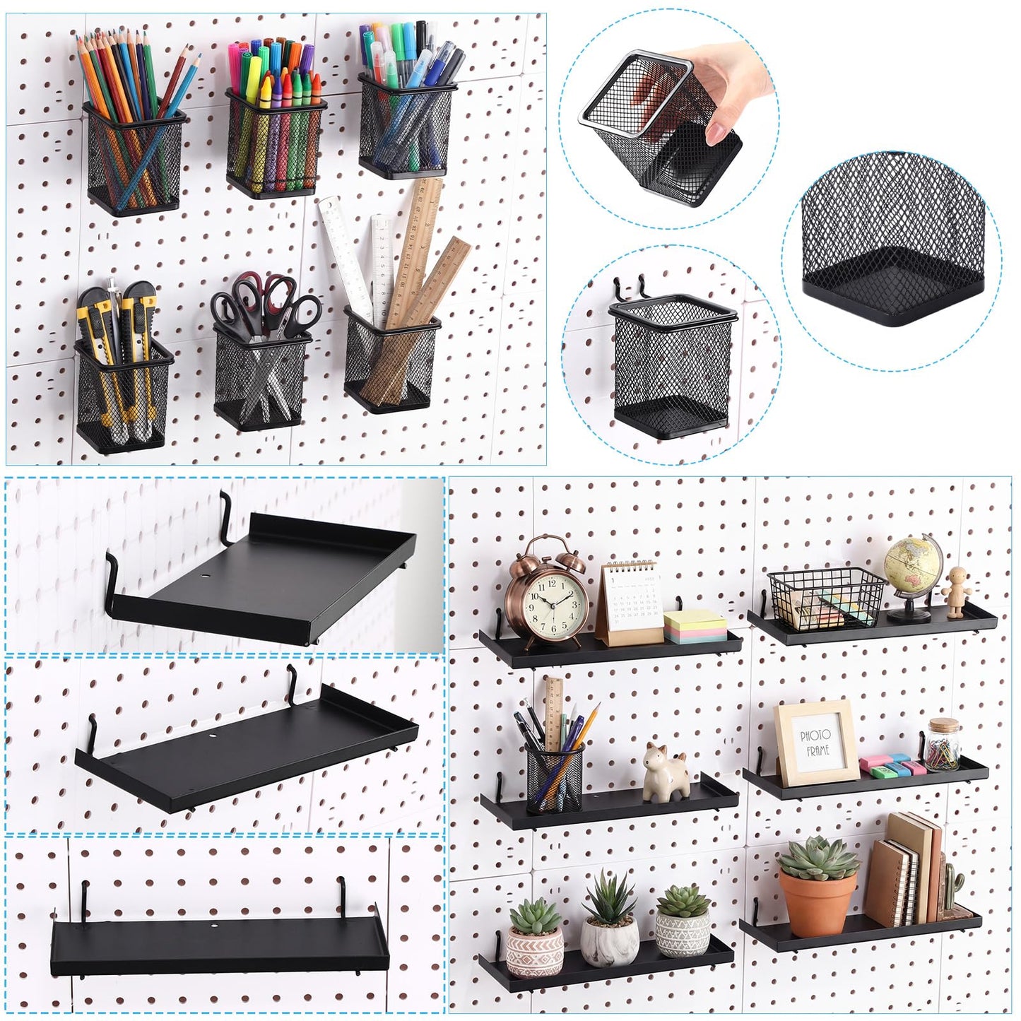 Tosstuki 12 Pack Pegboard Organizer Accessories - 6 Pegboard Pencil Cups Holder Peg Board - 6 Shelves Metal Shelf Brackets - Tools Storage Arrange System Kit for Office Garage Room
