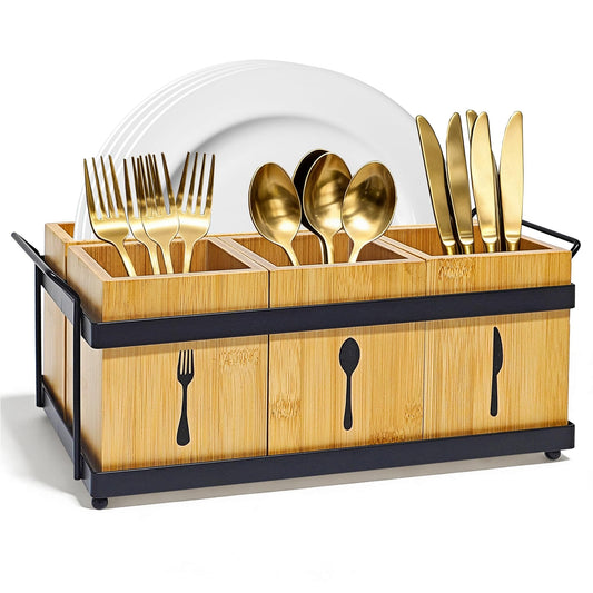 QZV Silverware Caddy Wooden Silverware Holder Cutlery Storage Organizer Paper Plate Dispenser Flatware Cutlery Holder for Party Utensil Caddy for Spoons Forks Napkins Plates