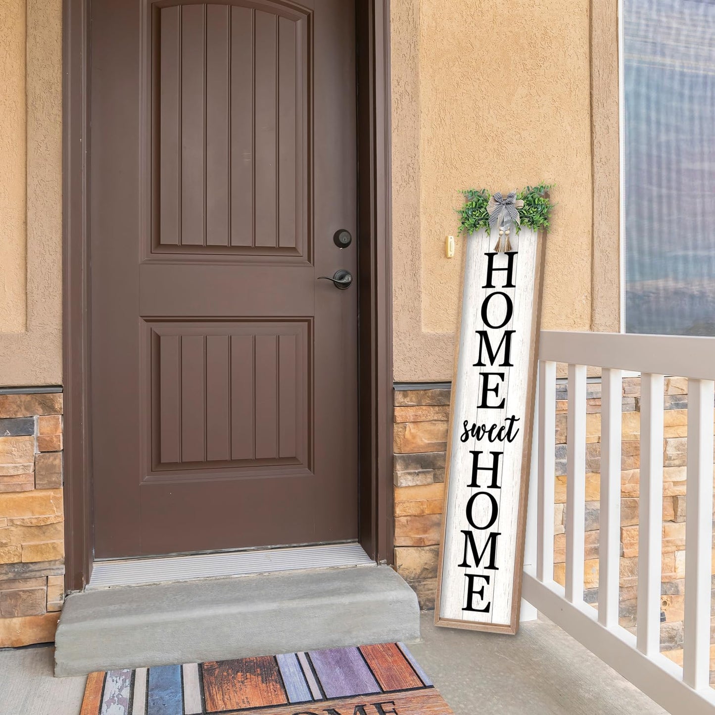 LuZhiQiang Welcome Sign for Front Porch Outdoor Home Sweet Home, 45"X9" For Large Front Door Wreath Standing Wooden Frame Tall Vertical Leaner Long Signs, Rustic Outside Farmhouse Garden Patio Decor (Wood)