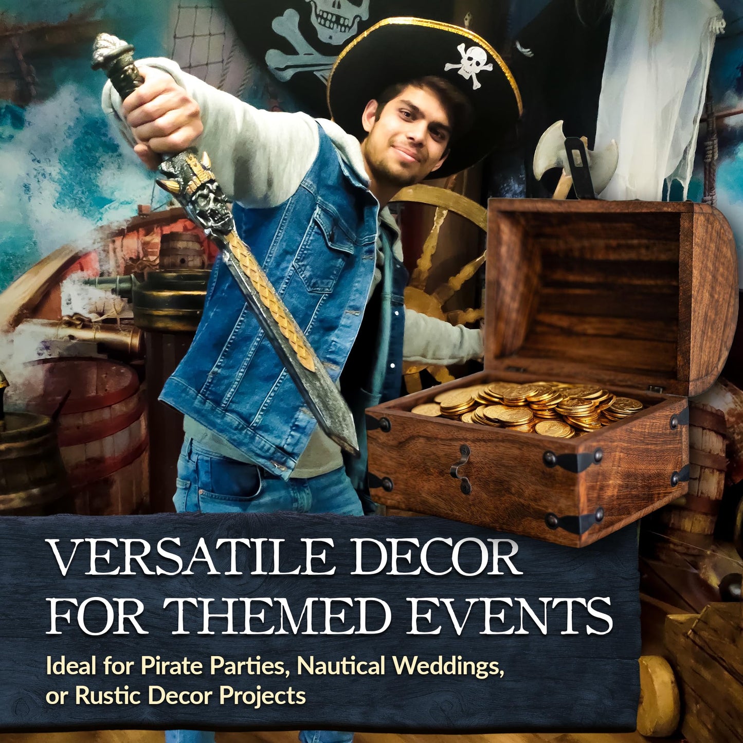 Nautical Cove Wooden Pirate Treasure Chest with Lock & Skeleton Key Small