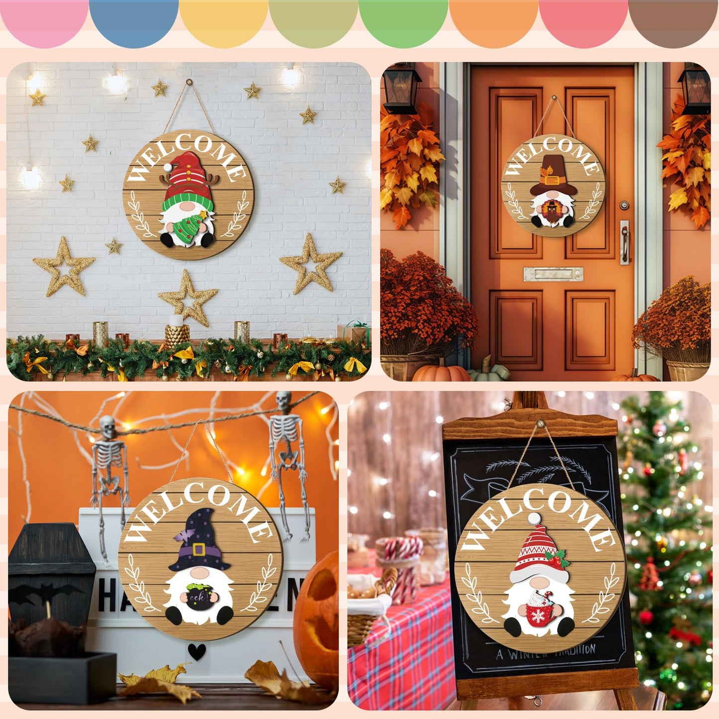 Qunclay Woodland Seasonal Interchangeable Wooden Gnome Decor Summer Christmas in July Gnome Decorations with Magnet Pieces and Detachable Hats Hanging Welcome Sign