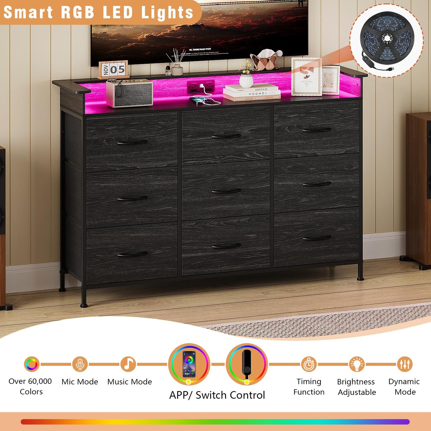 EXOTICA Black Dresser with Charging Station 9 Drawers Dresser with LED Light and USB Ports Fabric Dressers for Bedroom Hallway Entryway Closets Sturdy Steel Frame Wood Top