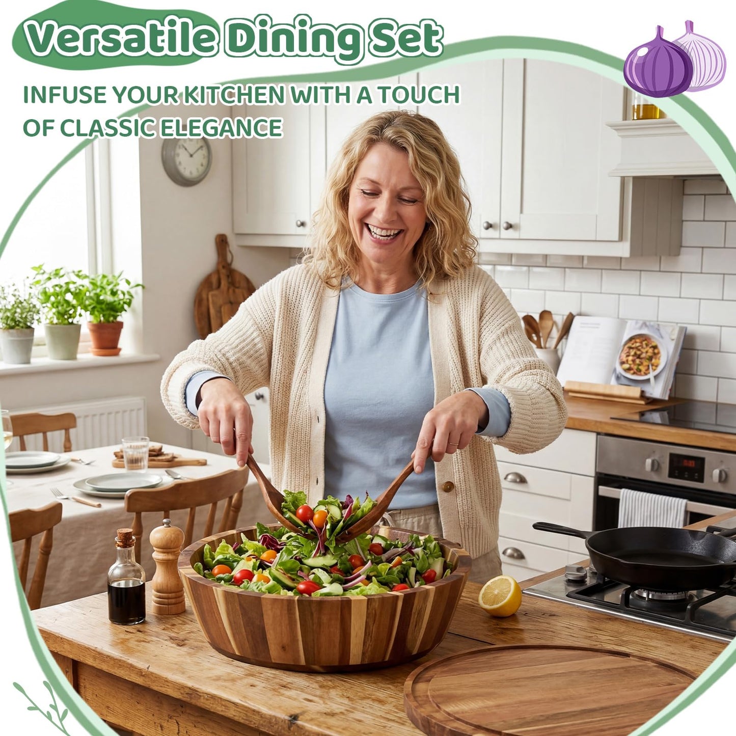 Geiserailie 16" Extra Large Acacia Wood Salad Bowl Set, 2-in-1 Wooden Serving Bowl & Charcuterie Board with Lid, Includes Spoon & Fork, Ideal for Party, Pasta, Fruit, Wedding Housewarming Gift