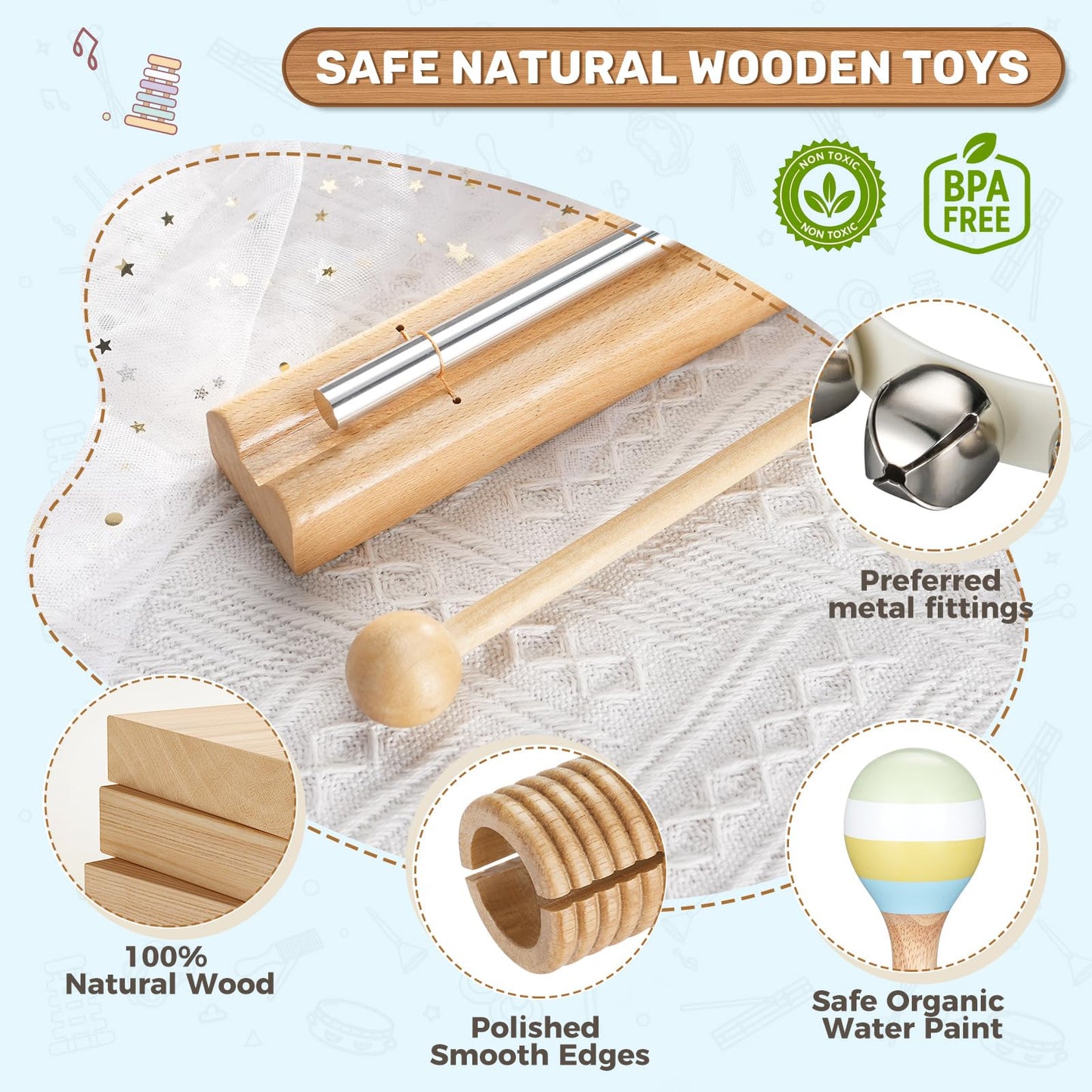 POGOLAB Musical Instruments for Toddler 1-6, 8-in-1 Wooden Sensory Toy for Preschool Learning